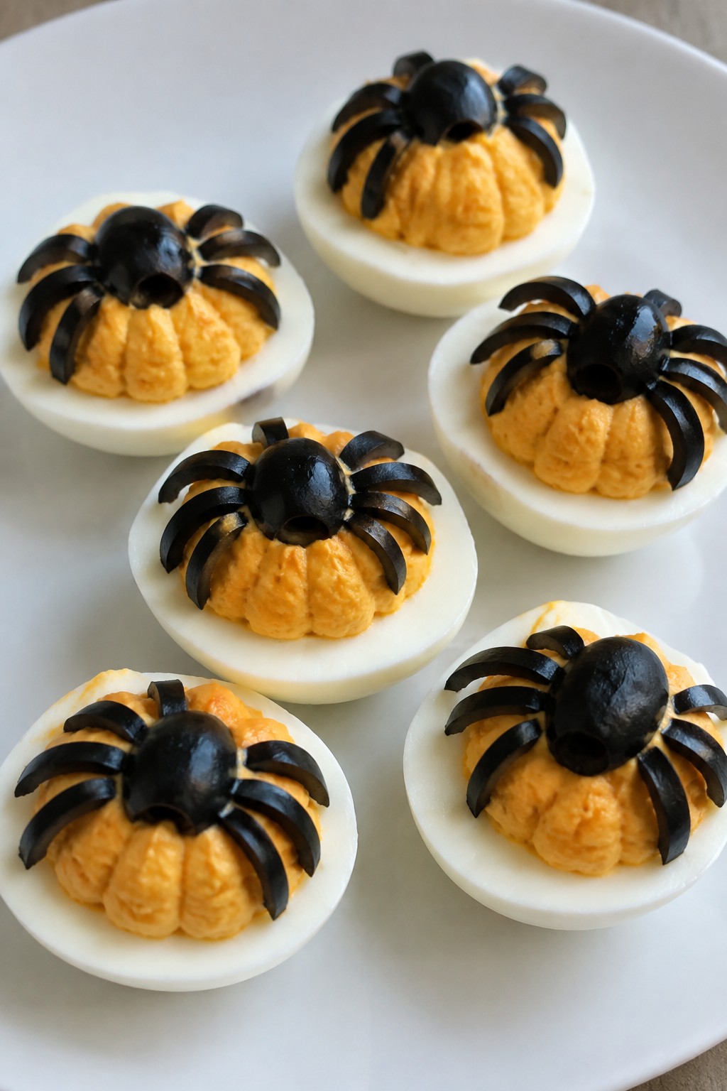 Pumpkin Deviled Eggs with Olive Spiders