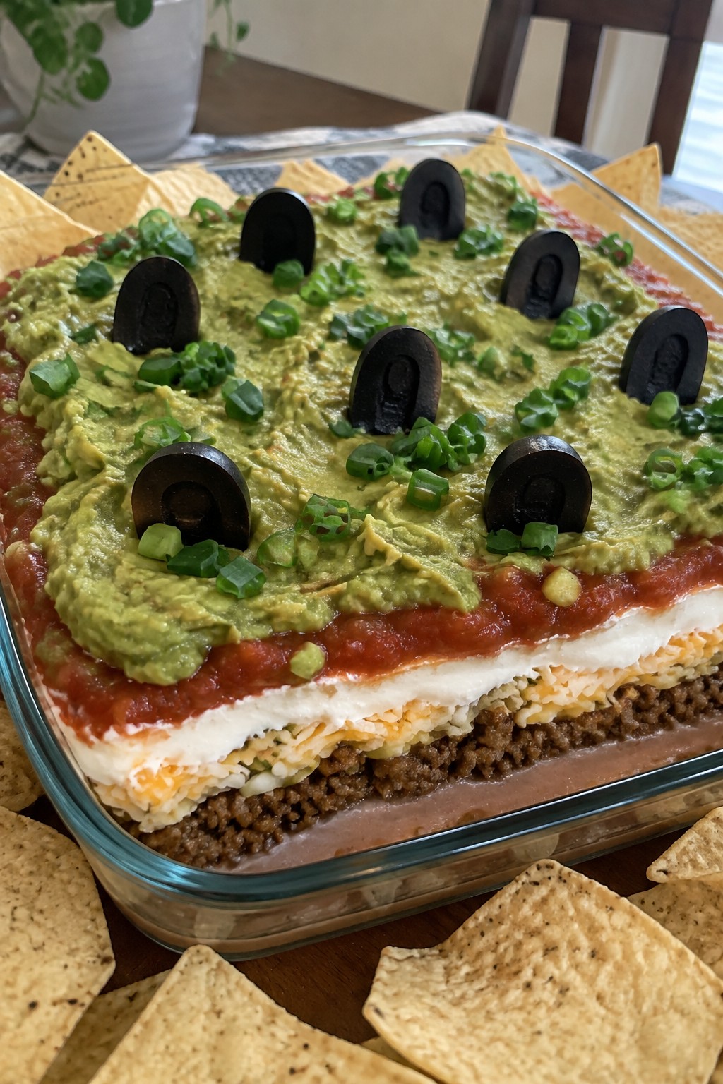 Graveyard Layered Taco Dip with Tortilla Chips