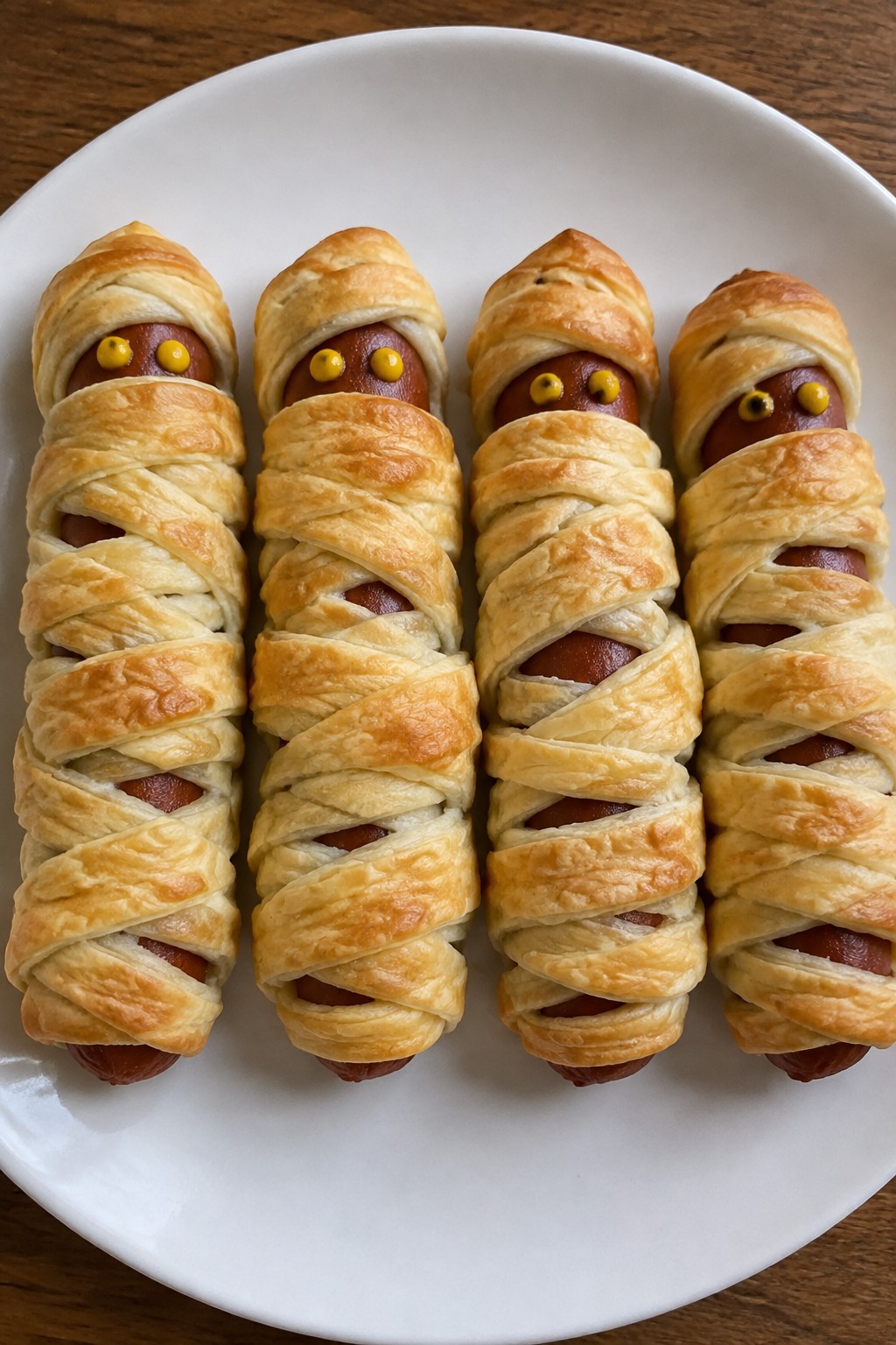 Mummy Wrapped Hot Dogs with Mustard Eyes