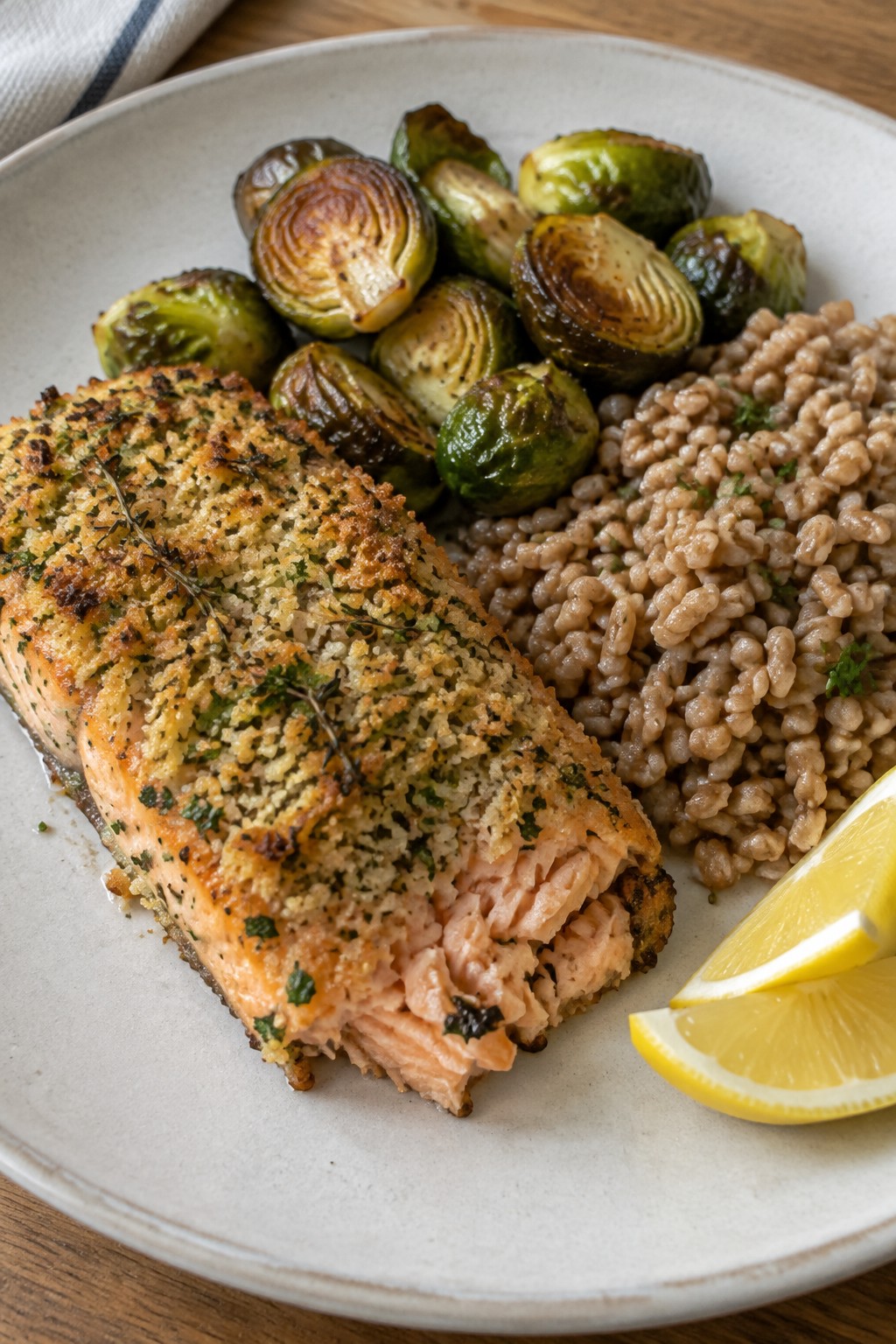 Herb-Crusted Baked Salmon with Roasted Brussels Sprouts and Farro