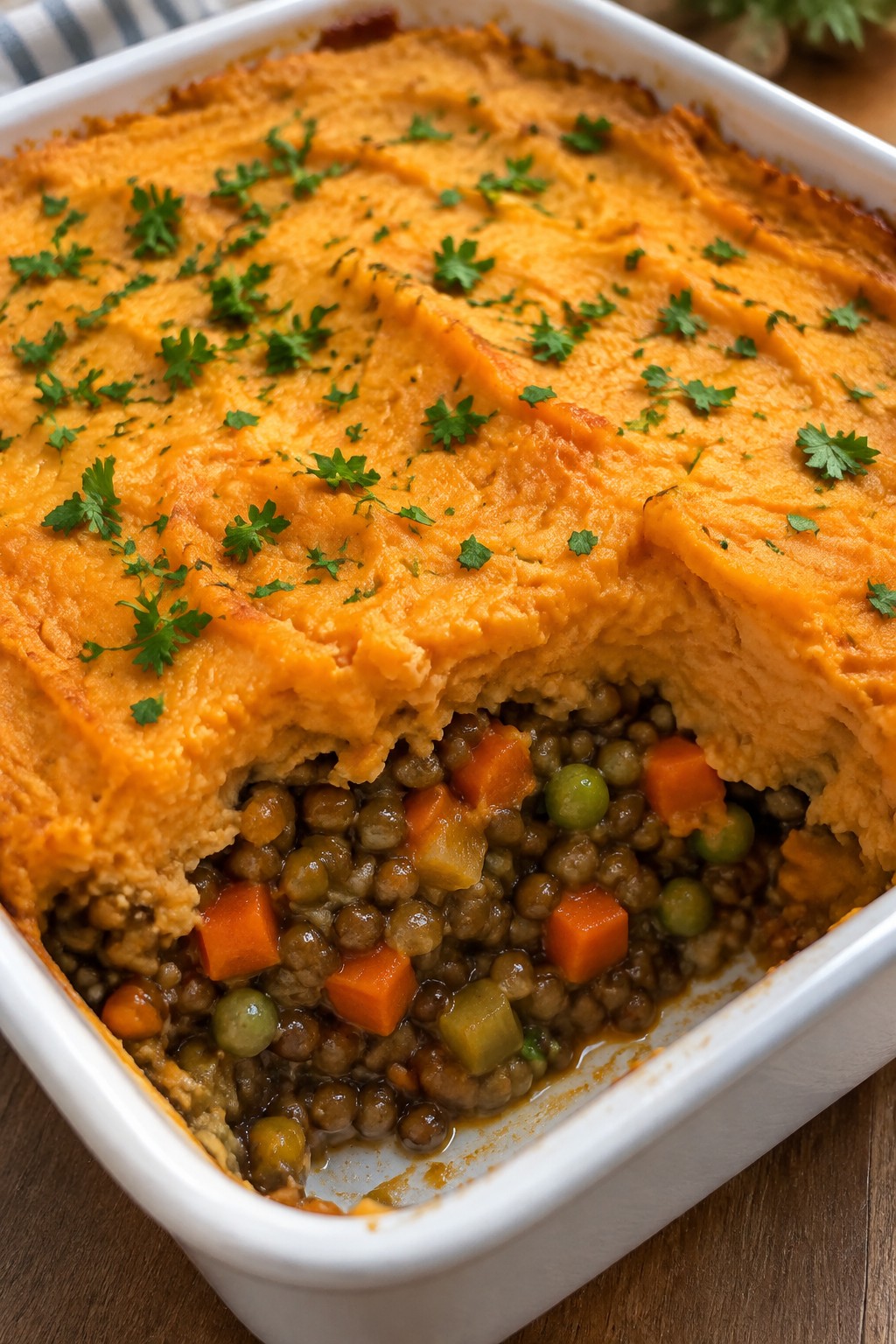 Lentil Shepherd’s Pie Topped with Mashed Sweet Potatoes