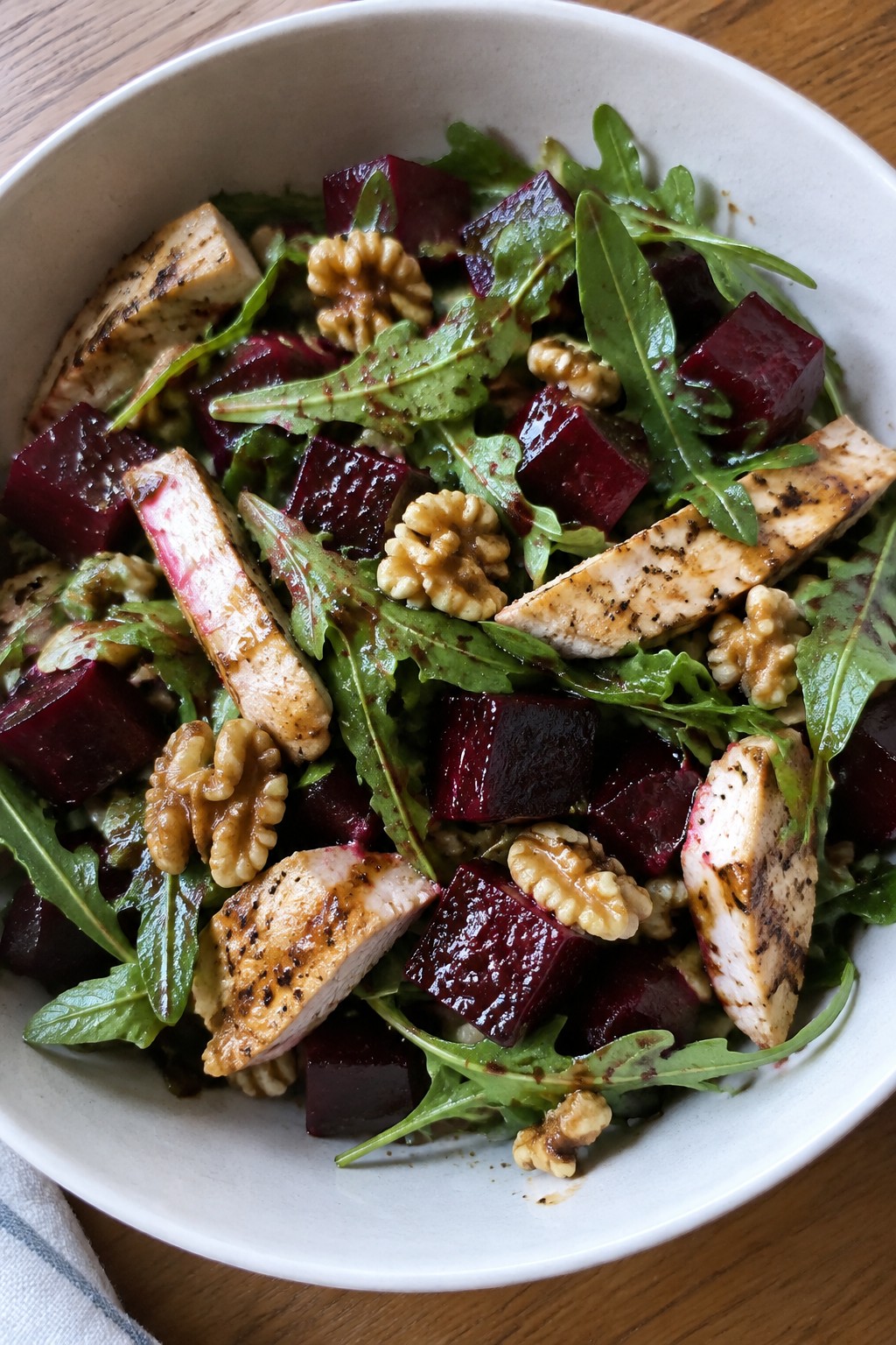 Roasted Beet Salad with Grilled Chicken, Arugula, and Walnuts