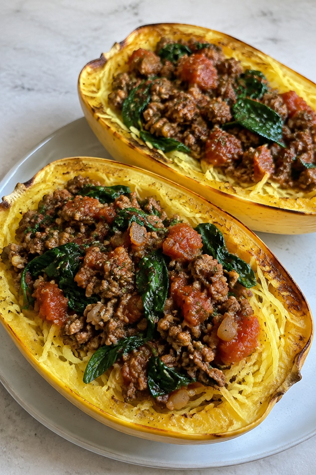 Spaghetti Squash Bowls with Lean Beef Bolognese and Spinach