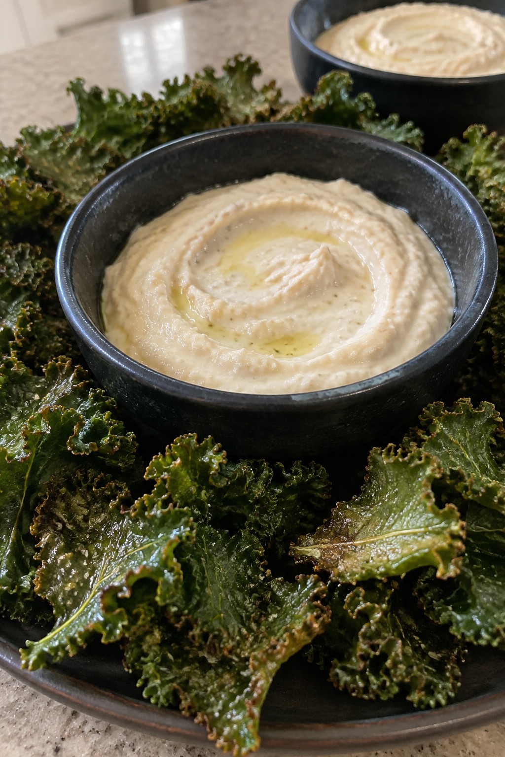 Kale Chip Cauldron Bowls with White Bean Dip