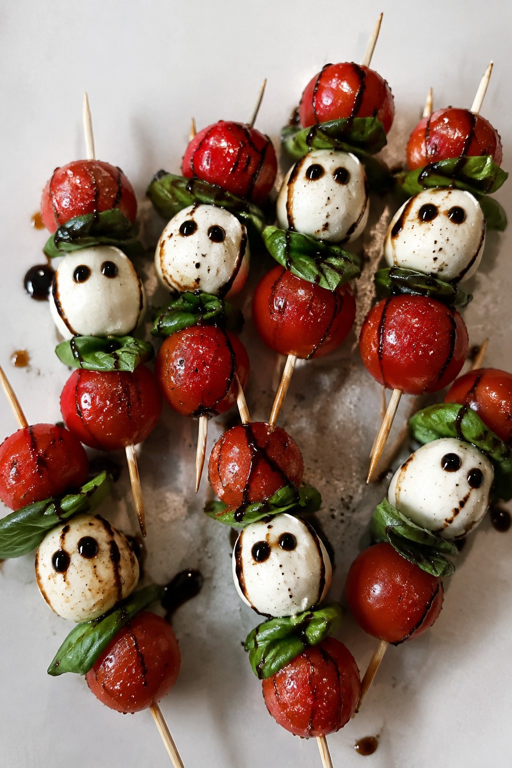 Ghostly Caprese Skewers with Balsamic Eyes