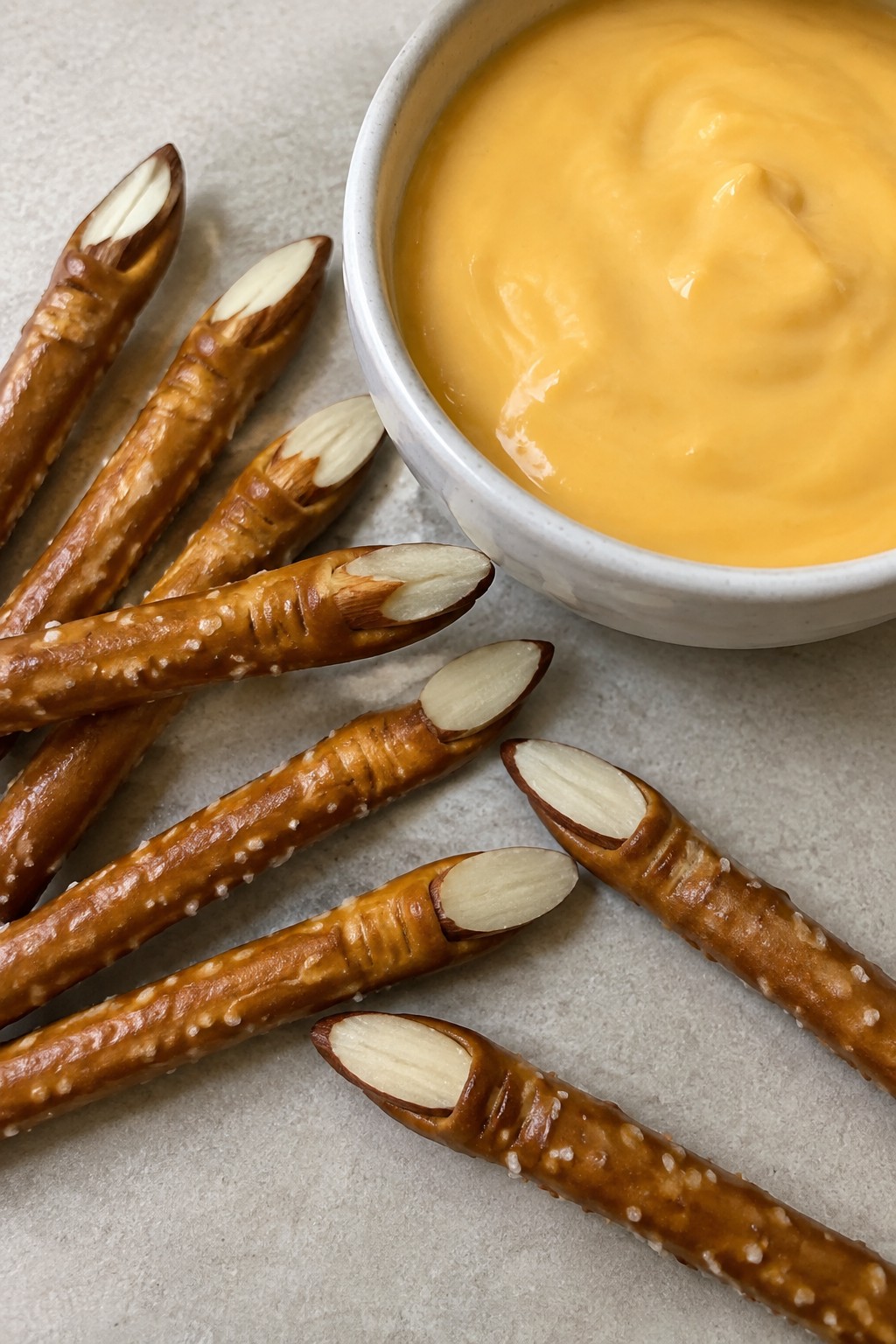 Witch Finger Pretzel Rods with Cheese Dip