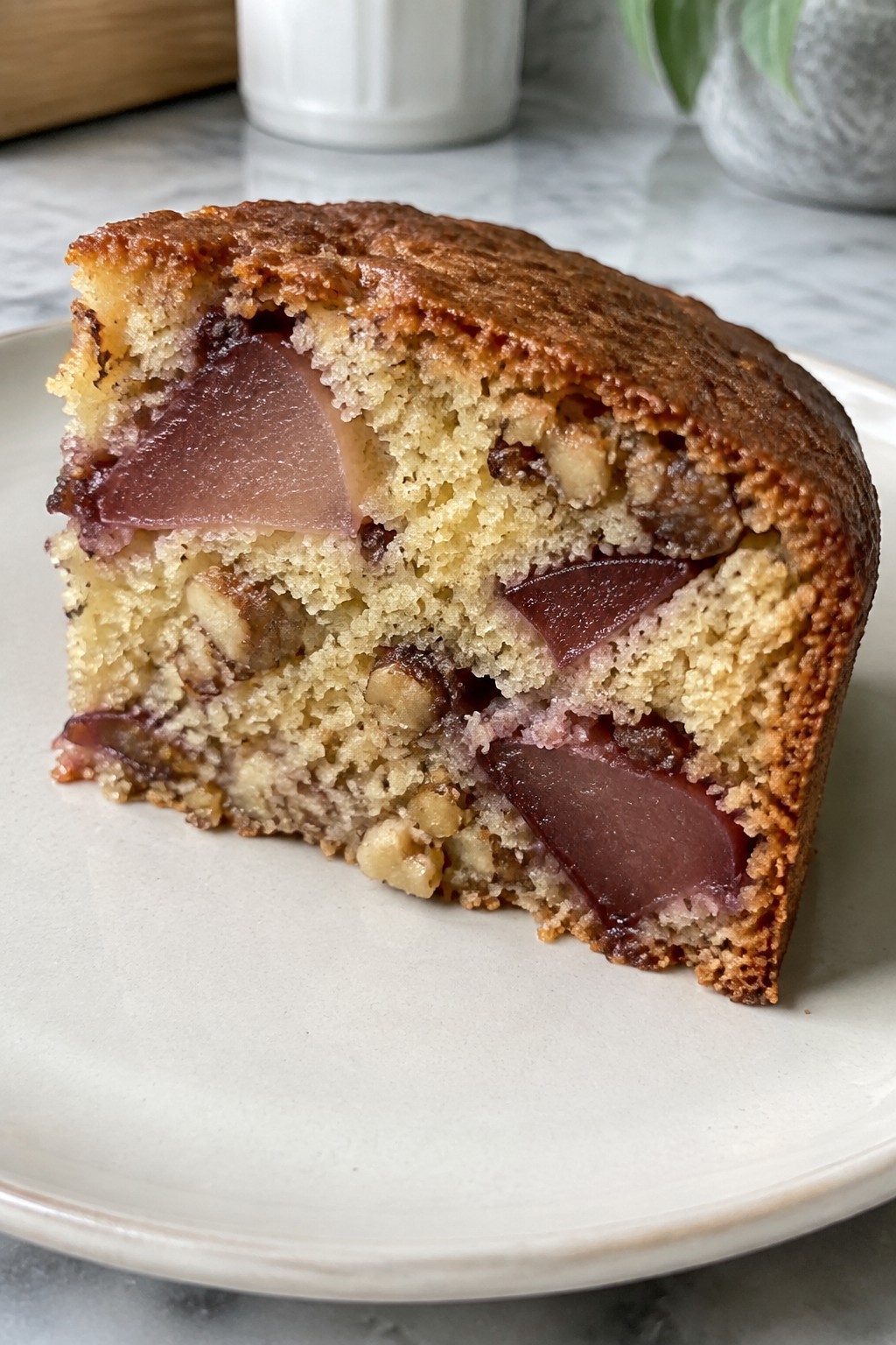 Red Wine Poached Pear and Walnut Olive Oil Cake