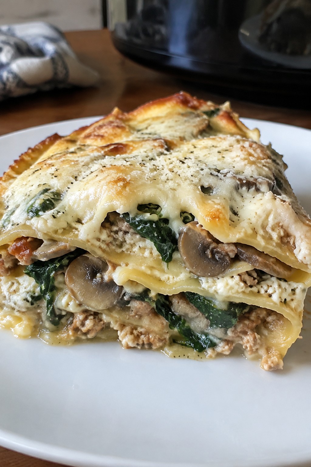 Crockpot Creamy Mushroom and Spinach Turkey Lasagna