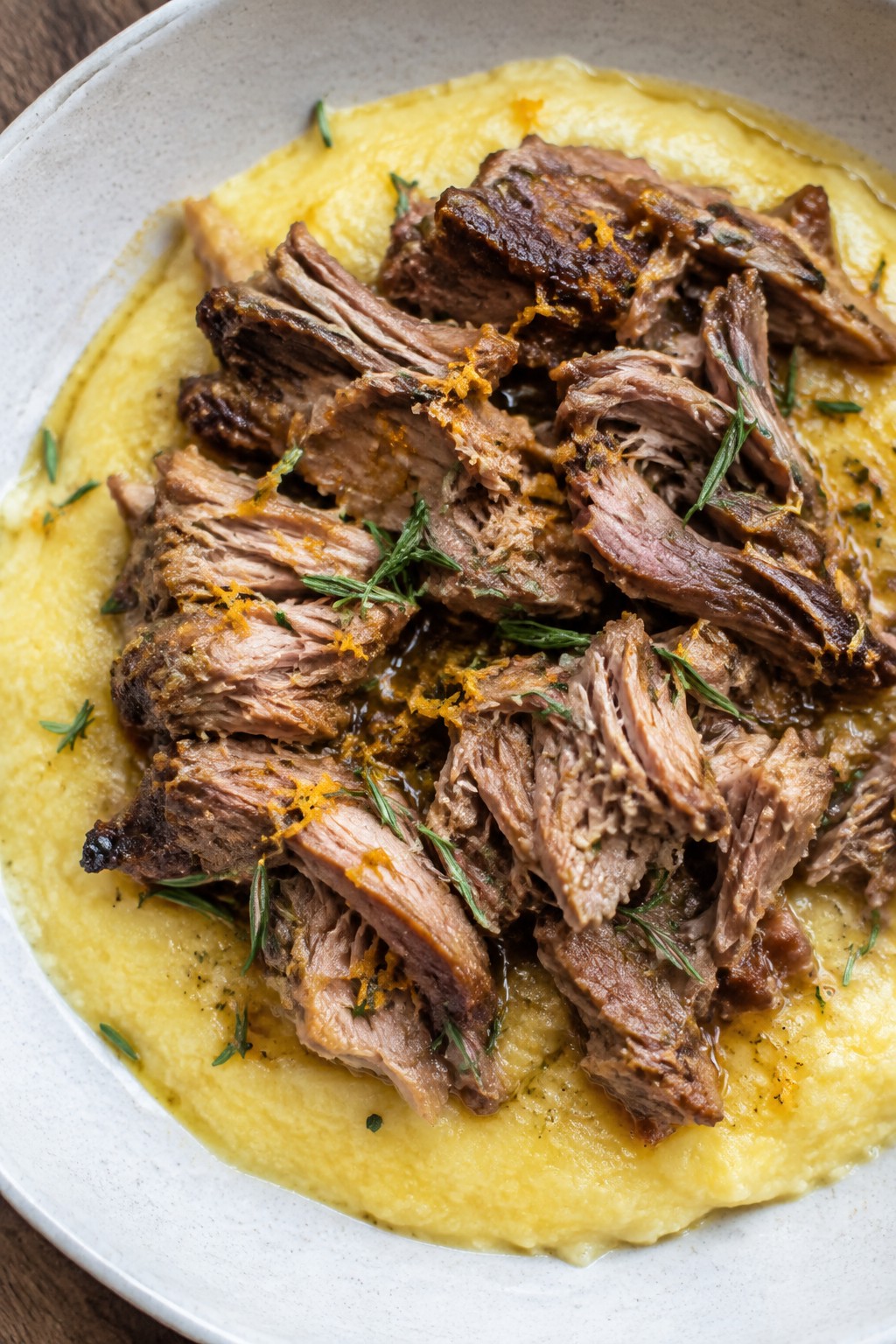 Crockpot Rosemary Orange Pork Shoulder with Polenta