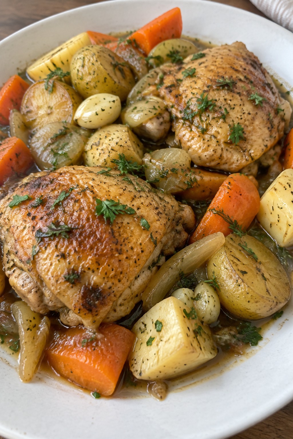 Crockpot Vampire Garlic Chicken Thighs with Root Vegetables