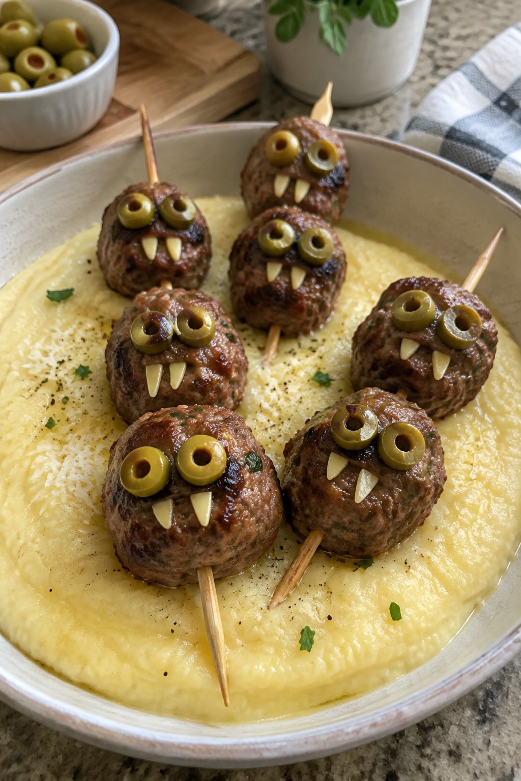 Monster Meatball Skewers over Creamy Polenta