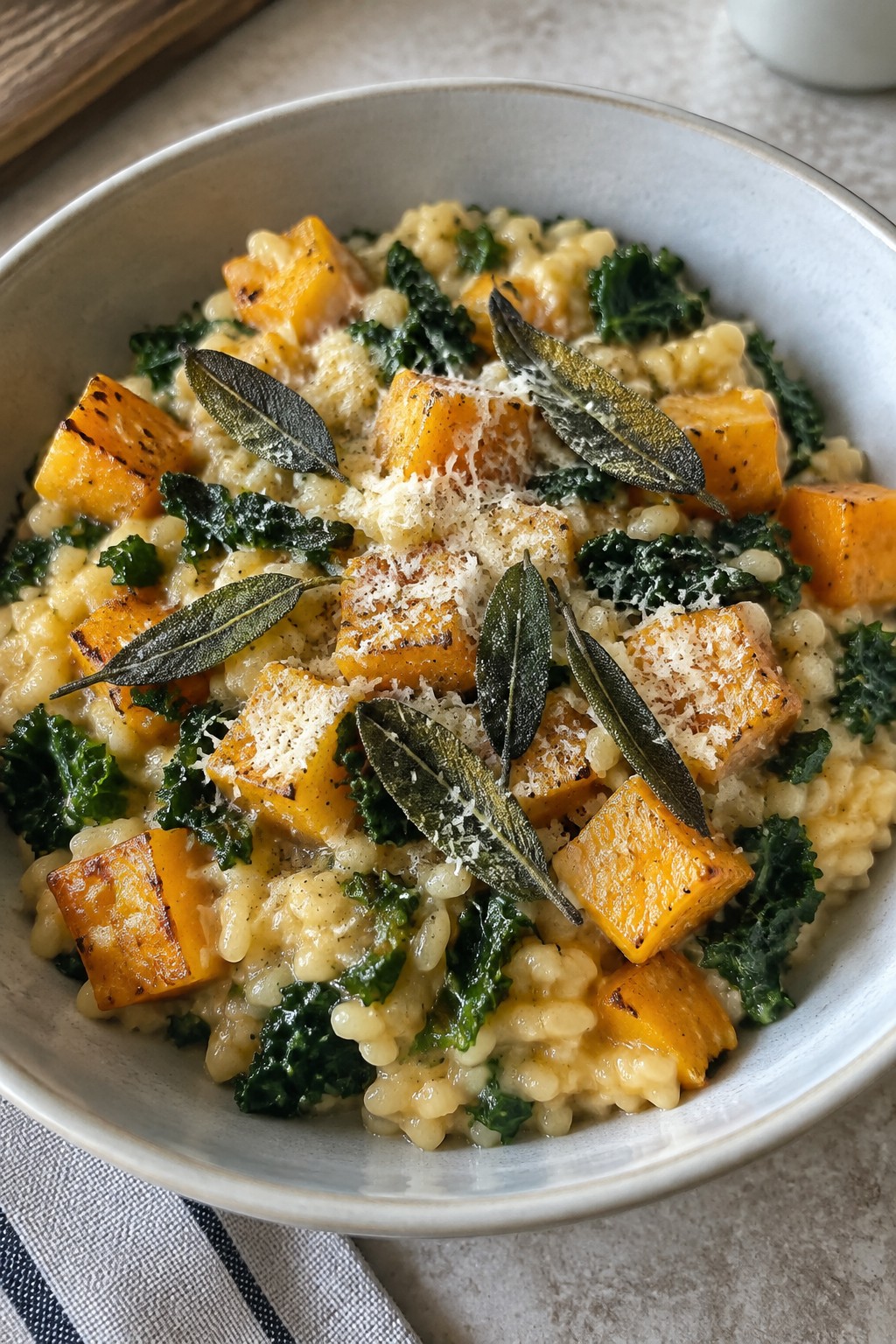 Butternut Squash and Kale Risotto with Fried Sage Leaves