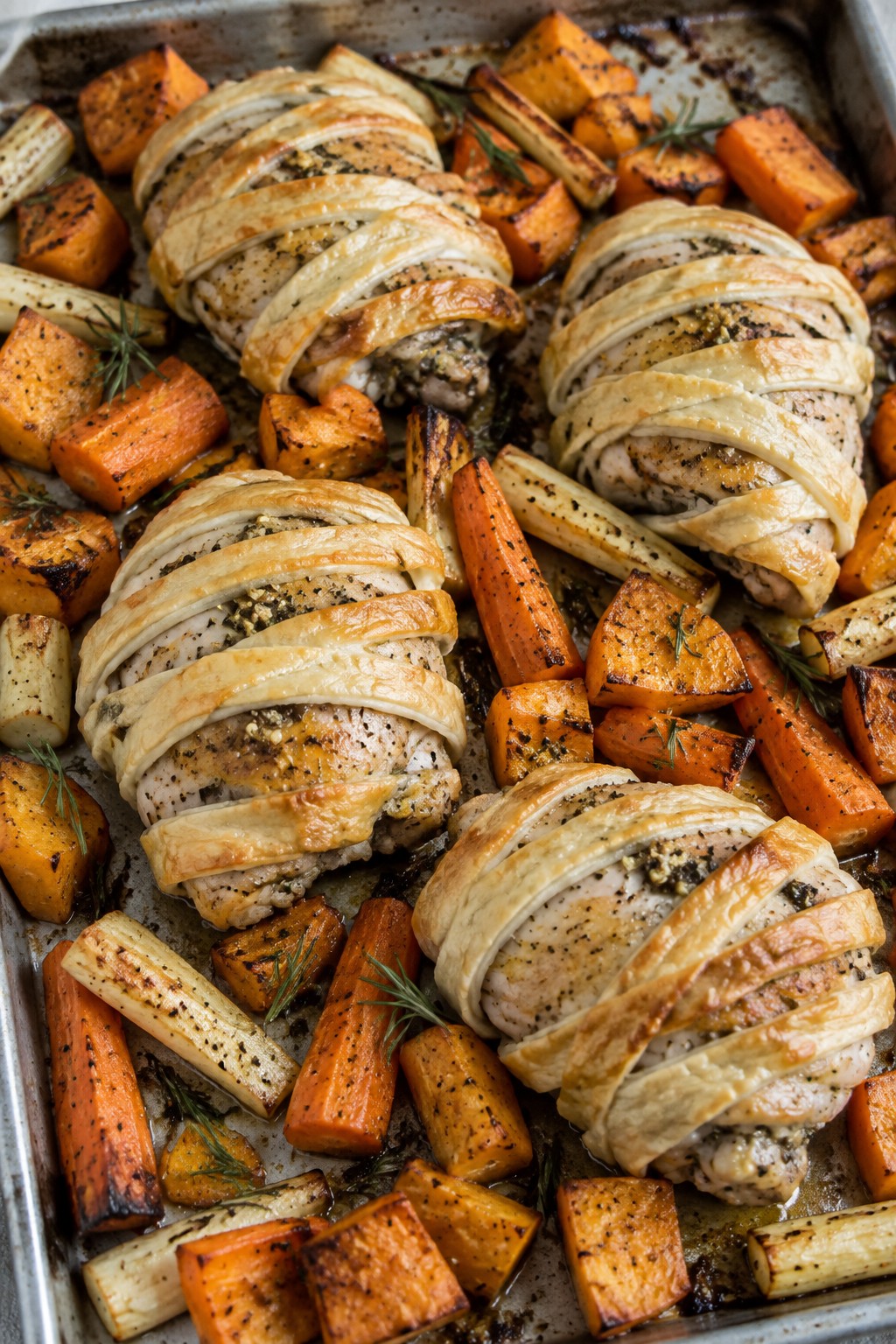 Garlic Butter Mummy Chicken Thighs with Roasted Root Vegetables