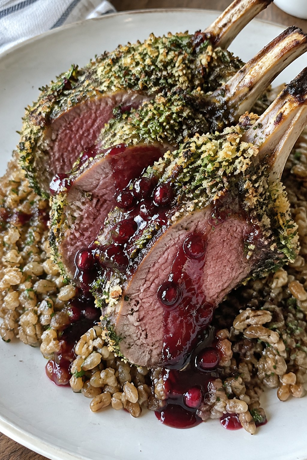Herb-Crusted Rack of Lamb with Pomegranate Glaze and Farro