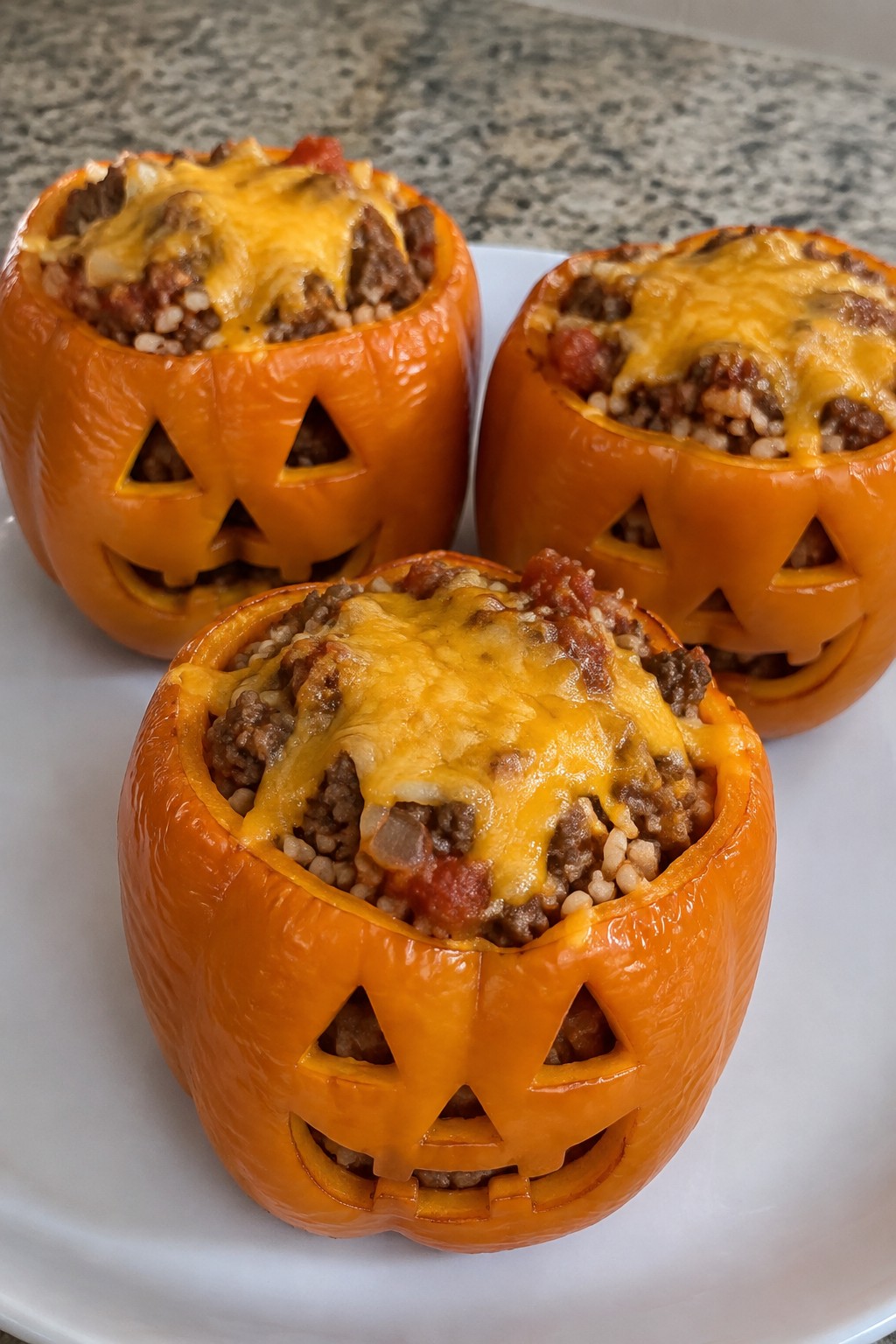 Jack-O'-Lantern Stuffed Peppers with Spiced Beef and Rice
