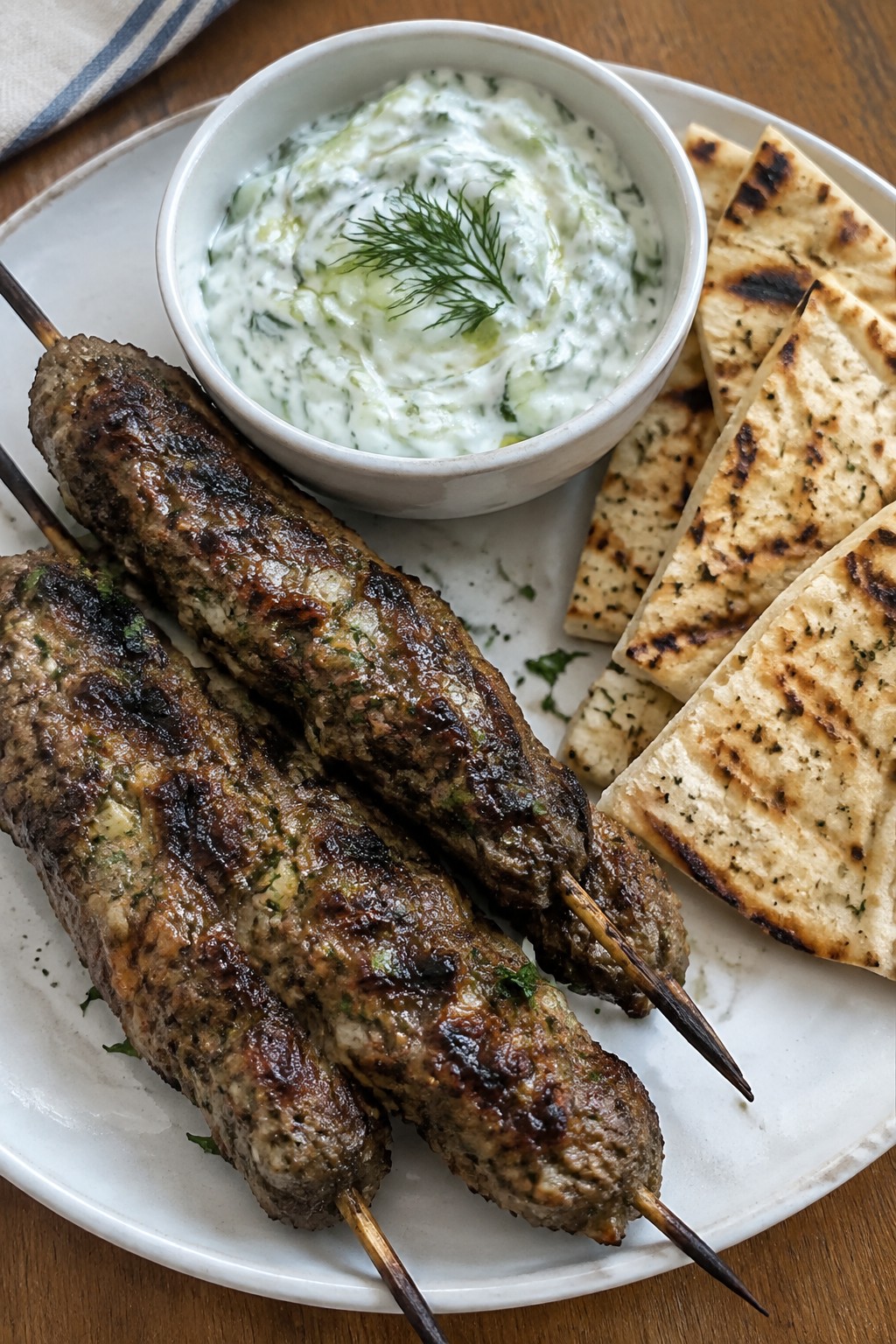 Mediterranean Lamb Kofta Skewers with Tzatziki and Grilled Pita