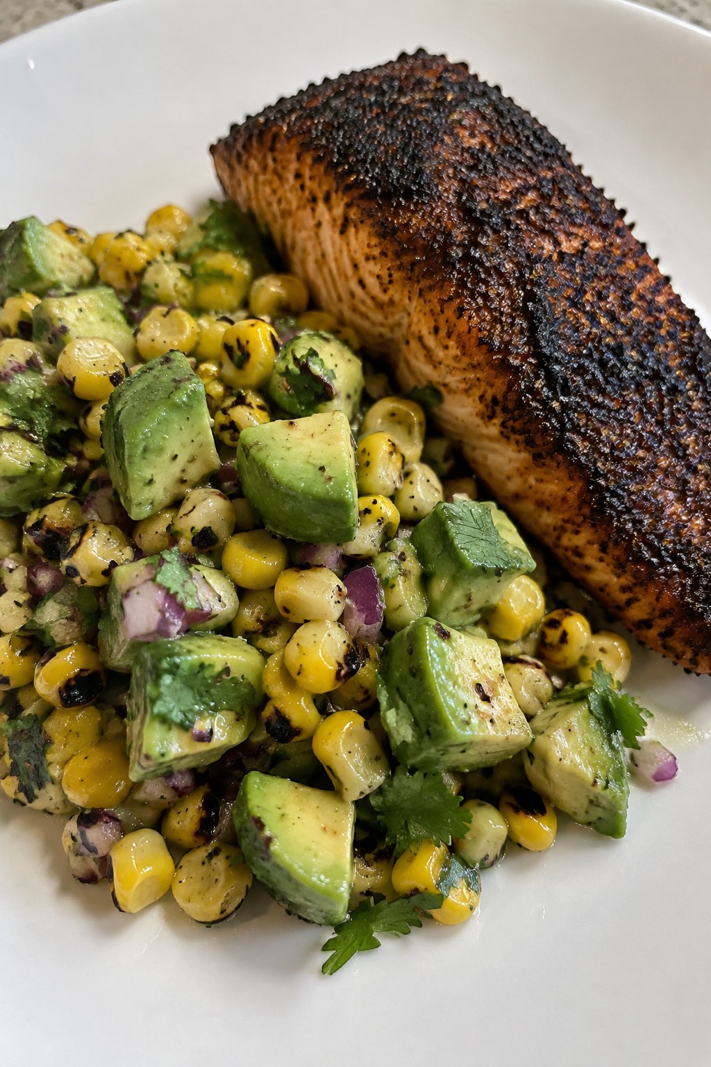 Smoky Blackened Salmon with Charred Corn and Avocado Salad