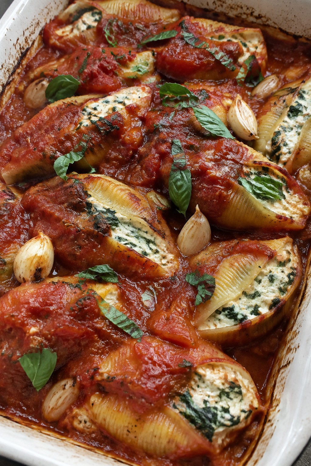 Spinach and Ricotta Stuffed Shells in Roasted Tomato Sauce
