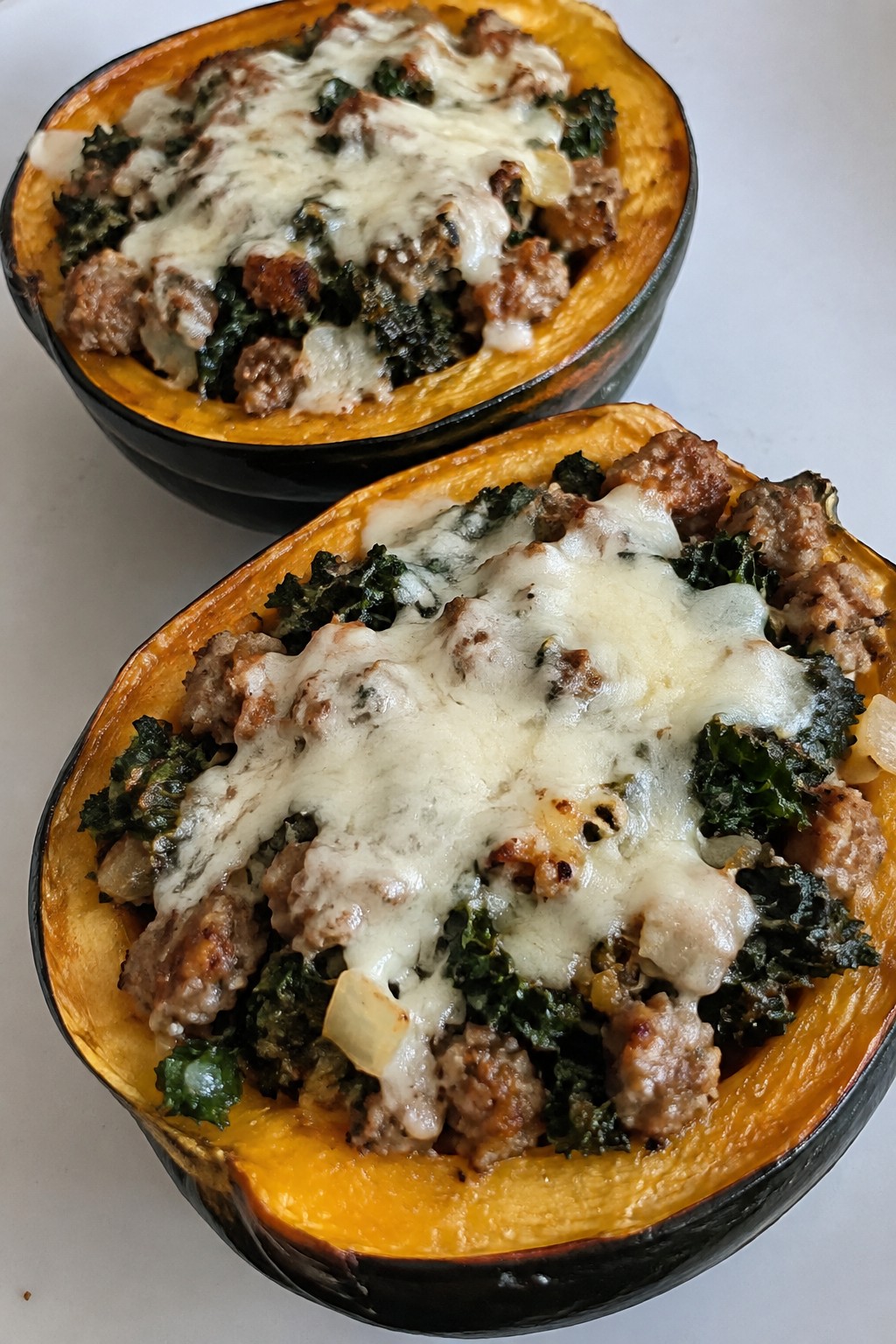 Ghostly Stuffed Acorn Squash with Sausage and Kale