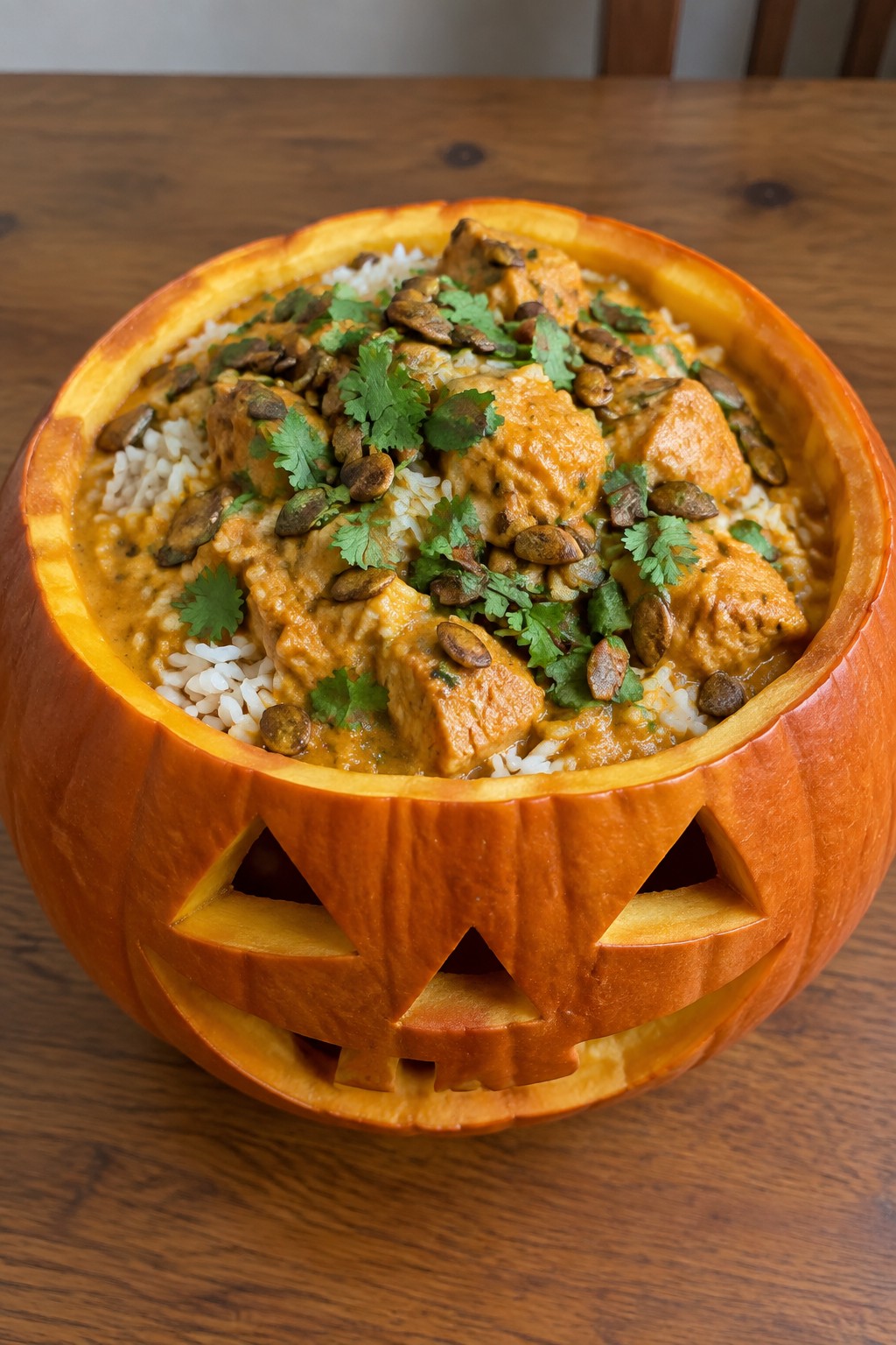 Jack-o'-Lantern Pumpkin Curry with Chicken and Basmati Rice