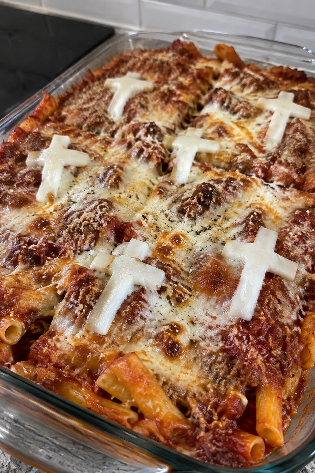 Tombstone Baked Ziti with Mozzarella Crosses