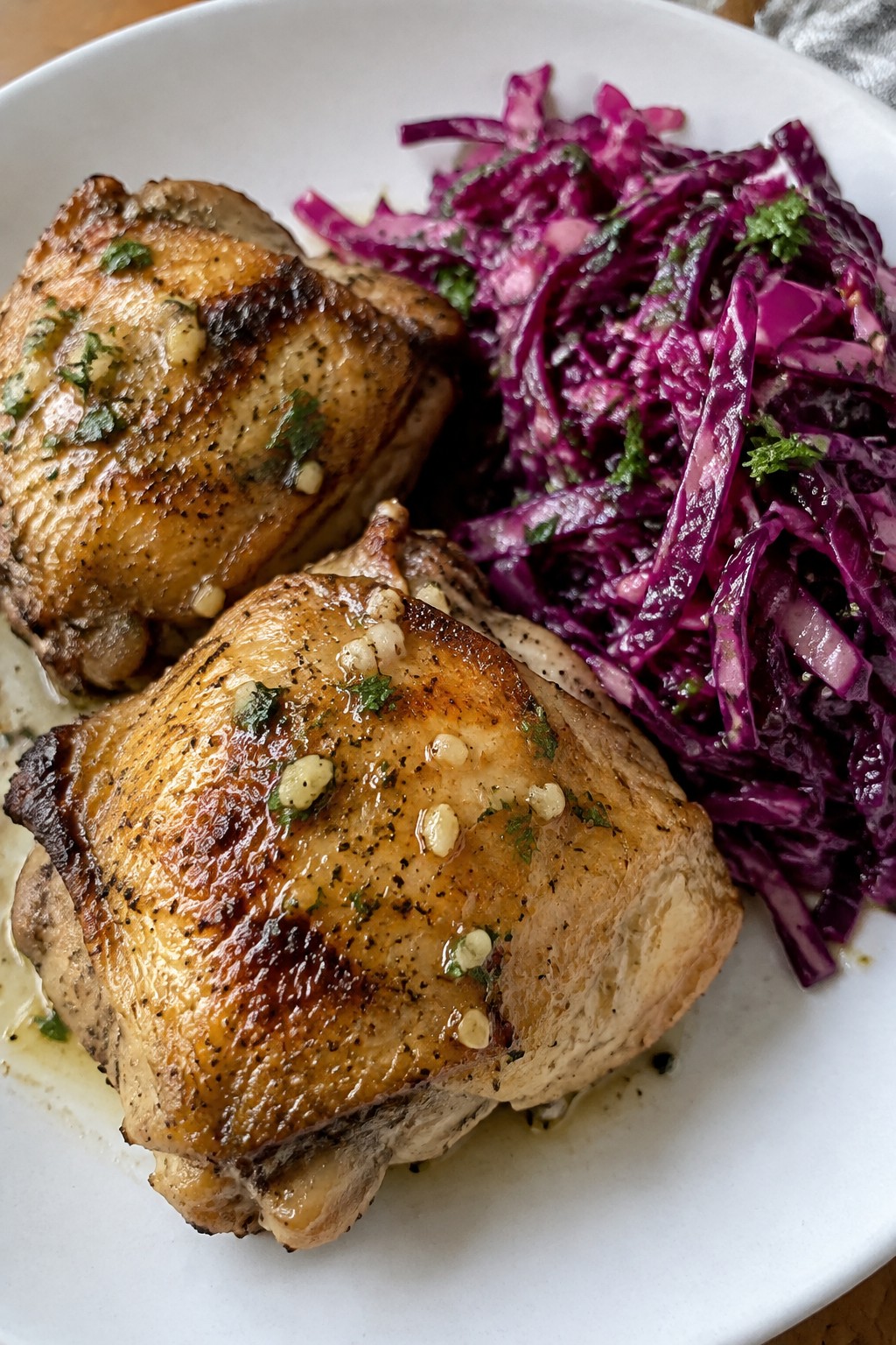 Vampire Garlic Butter Chicken Thighs with Red Cabbage Slaw