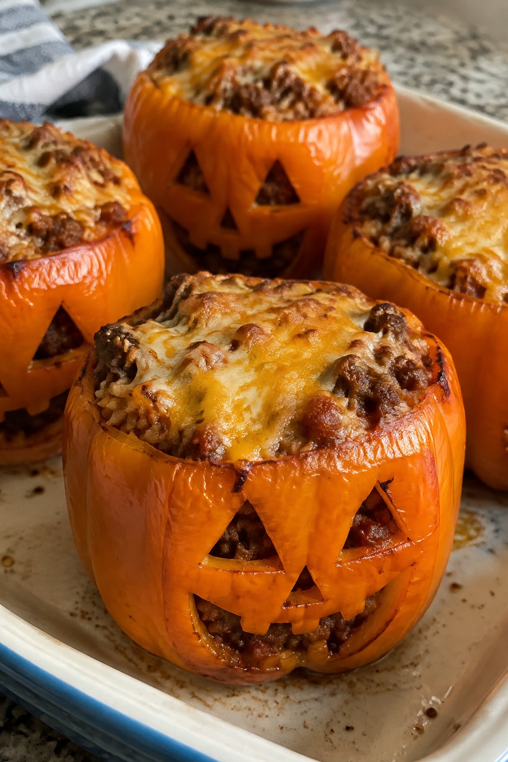 Jack-O'-Lantern Beef and Rice Stuffed Peppers
