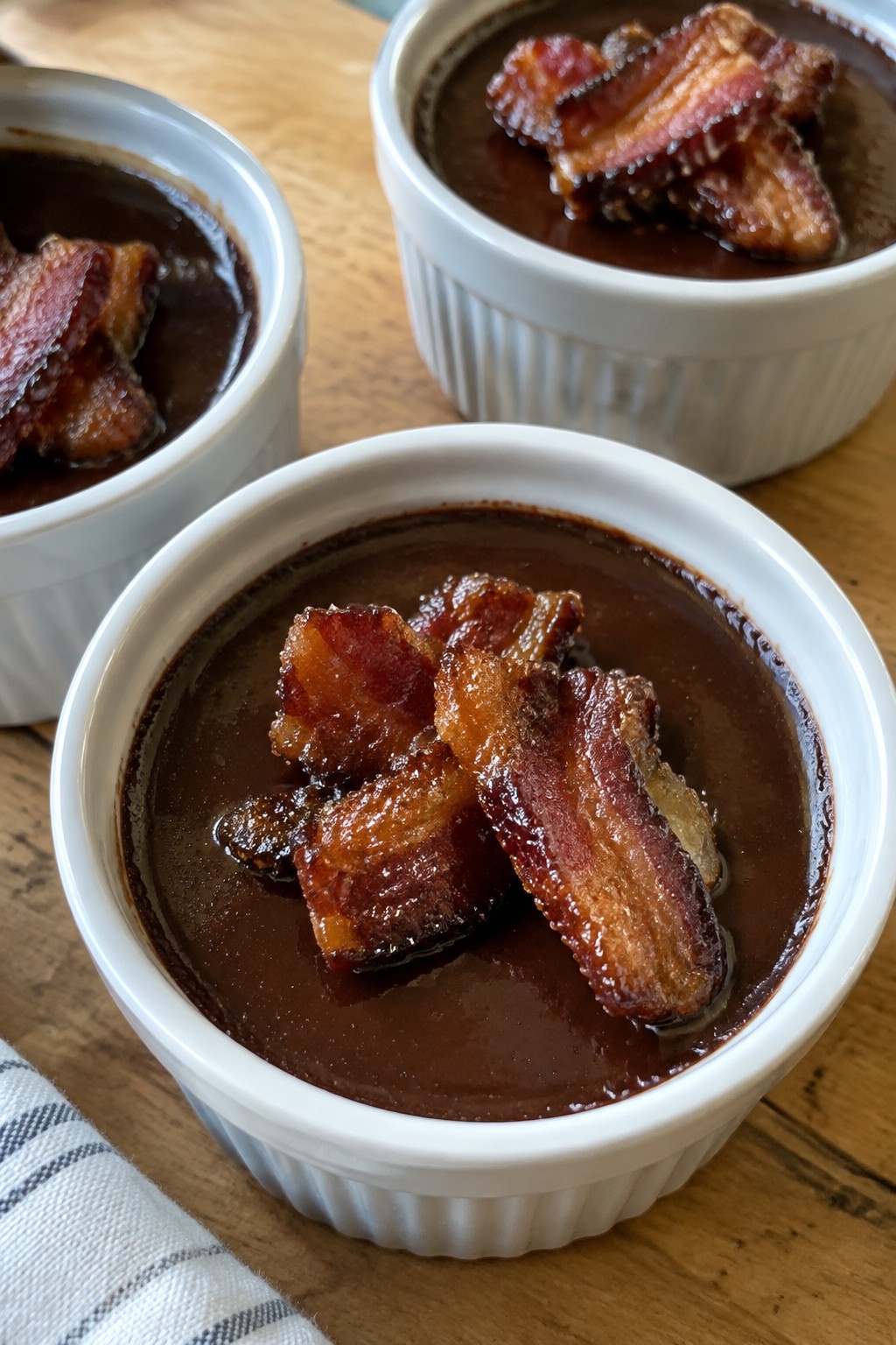 Dark Chocolate Chili Pots de Crème with Candied Bacon