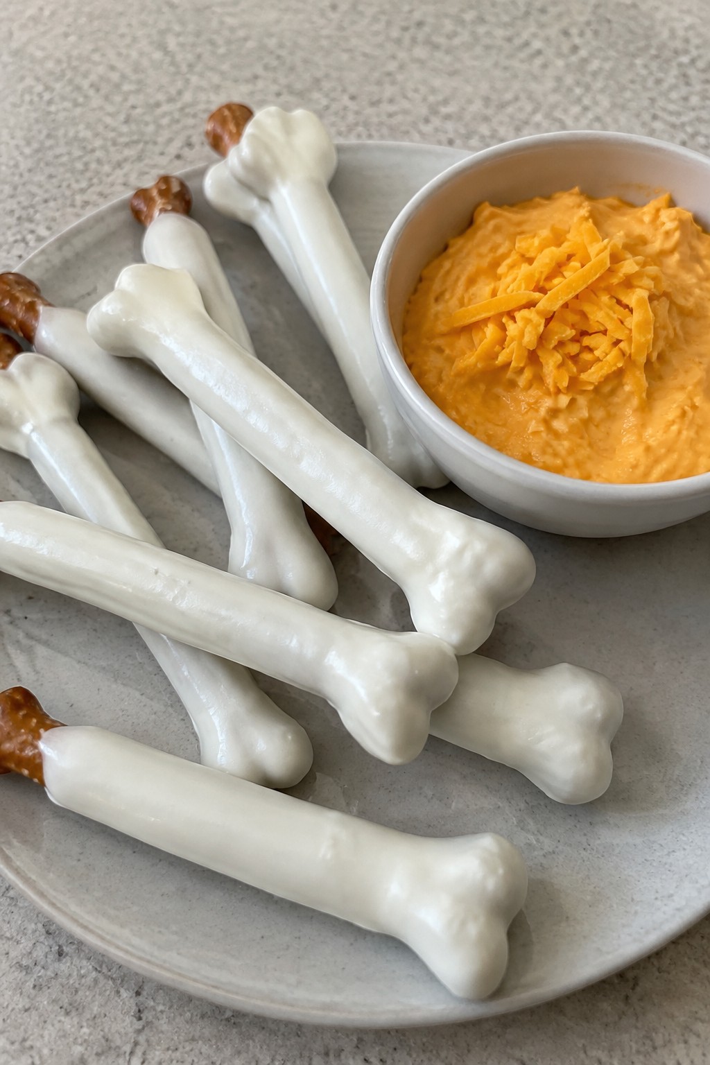 Skeleton Pretzel Rods with Cheese Dip