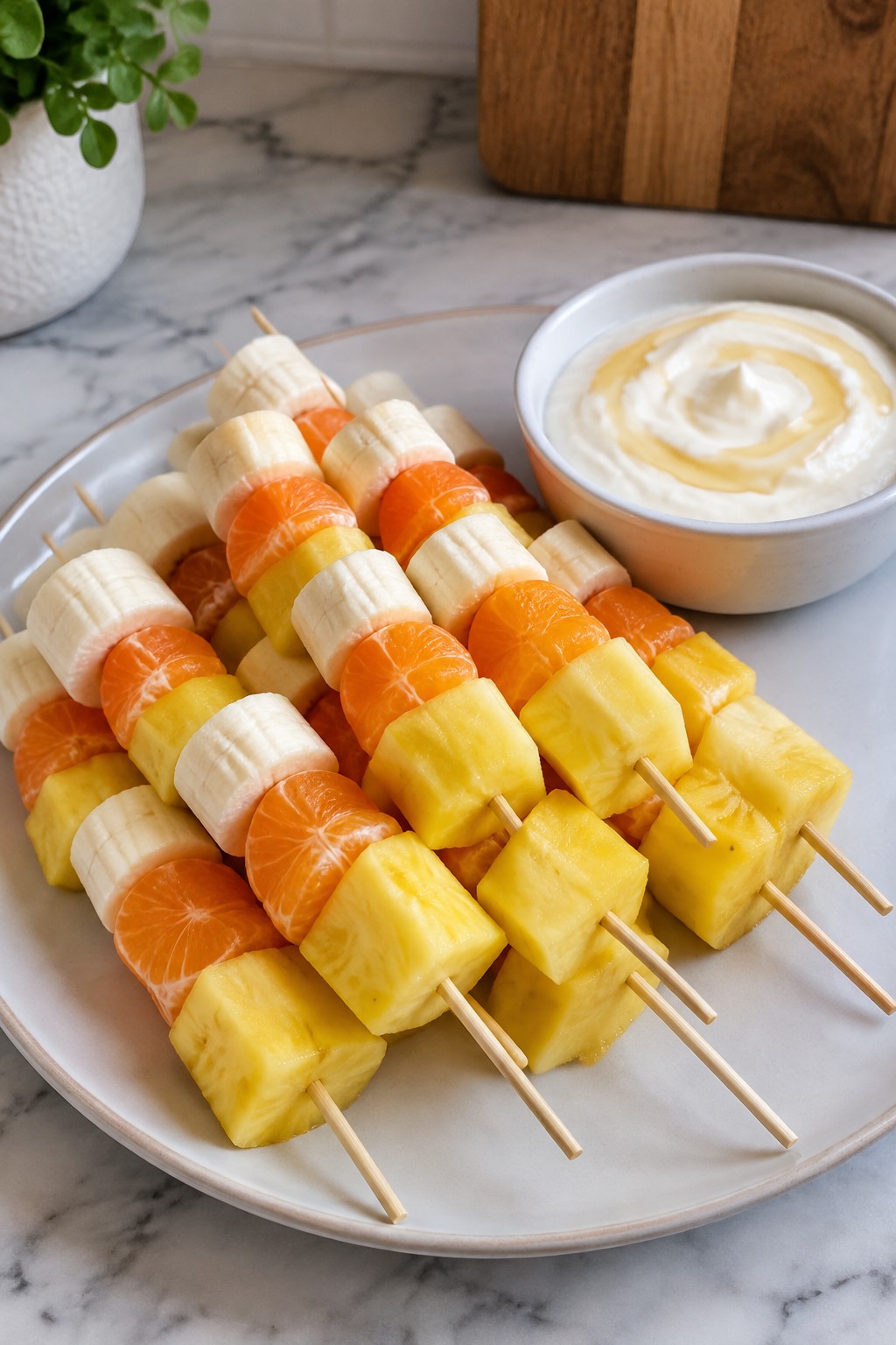 Candy Corn Fruit Skewers with Yogurt Dip