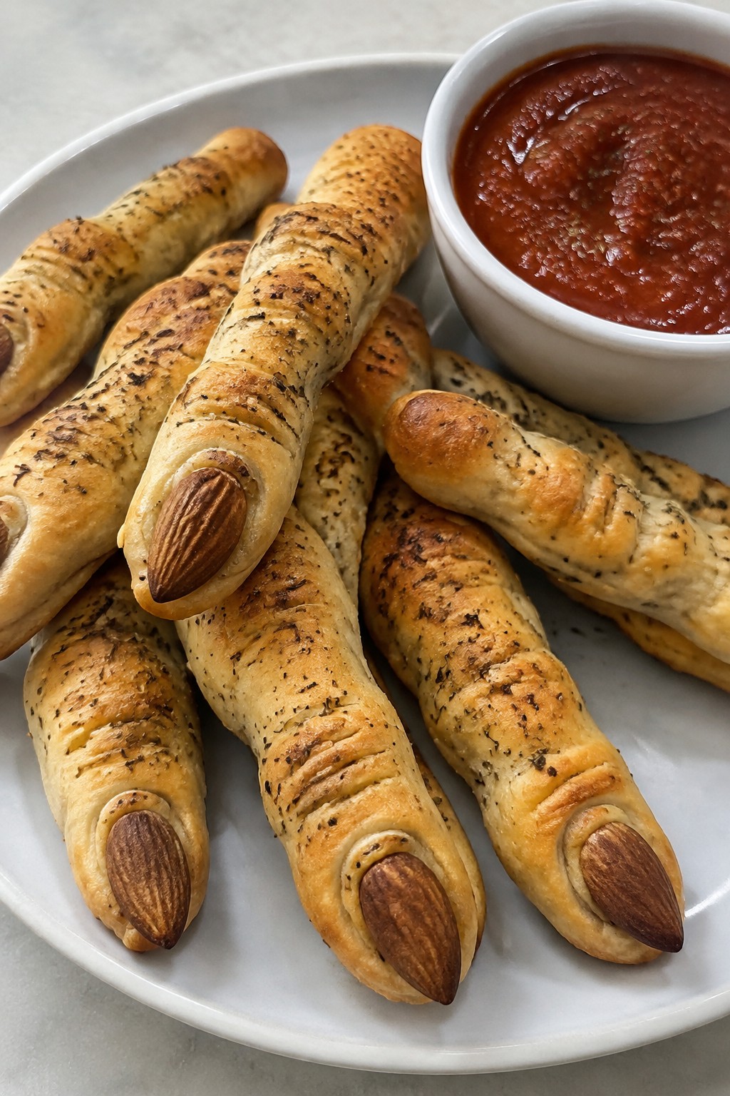 Witch Finger Breadsticks with Marinara Dip