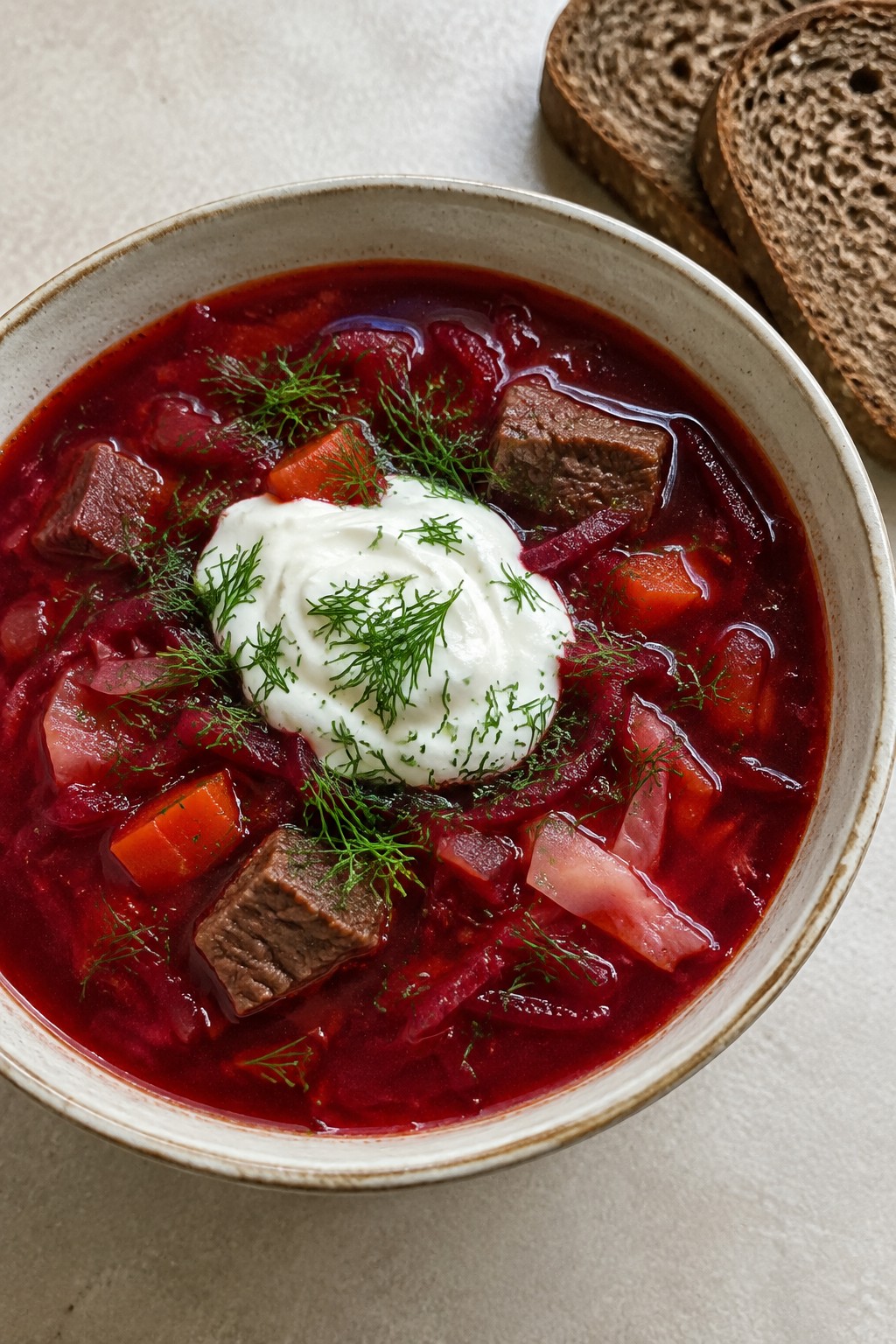 Bloody Beet and Beef Borscht with Sour Cream and Rye Bread