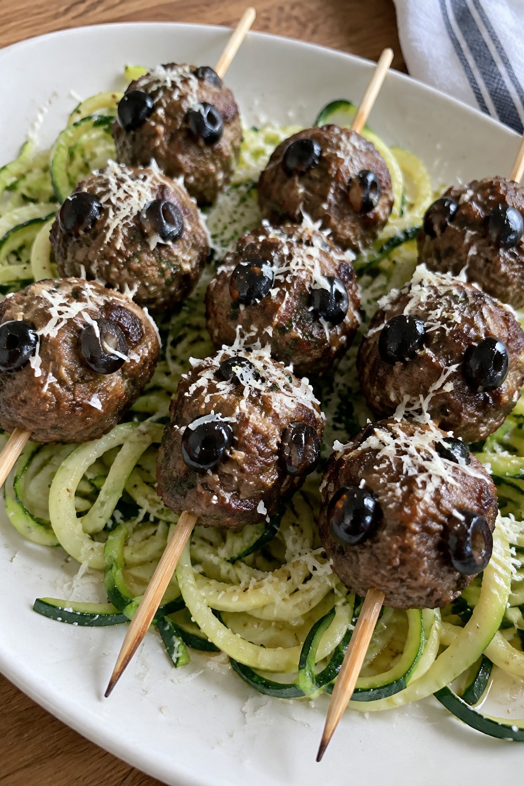 Creepy Crawly Meatball Skewers with Zucchini Noodles