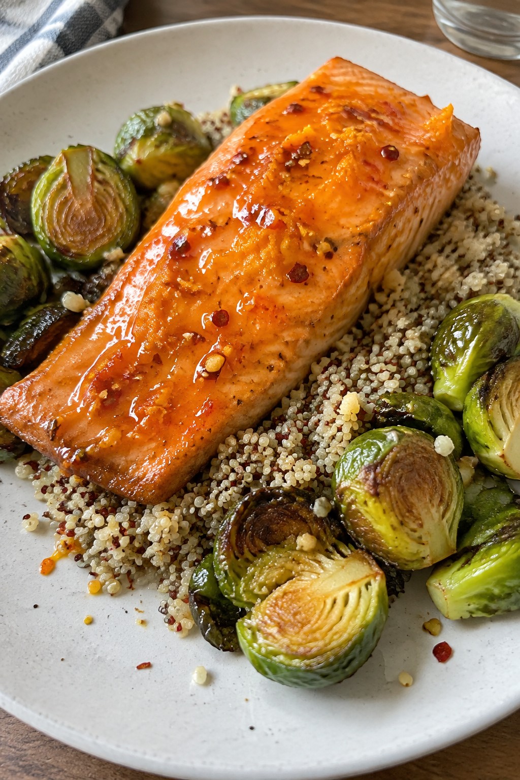 Fiery Orange Glazed Salmon with Quinoa and Brussels Sprouts