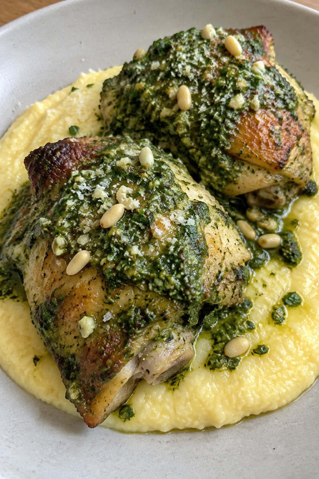Goblin Green Pesto Chicken Thighs with Polenta