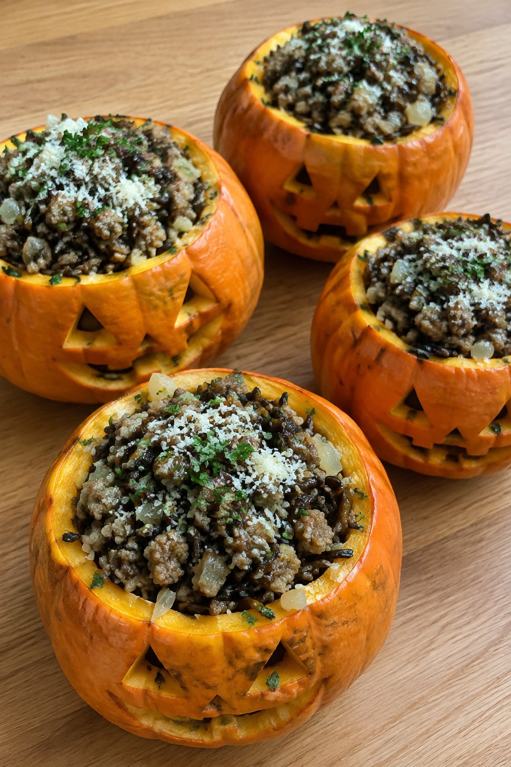 Jack-o'-Lantern Stuffed Pumpkins with Sausage and Wild Rice