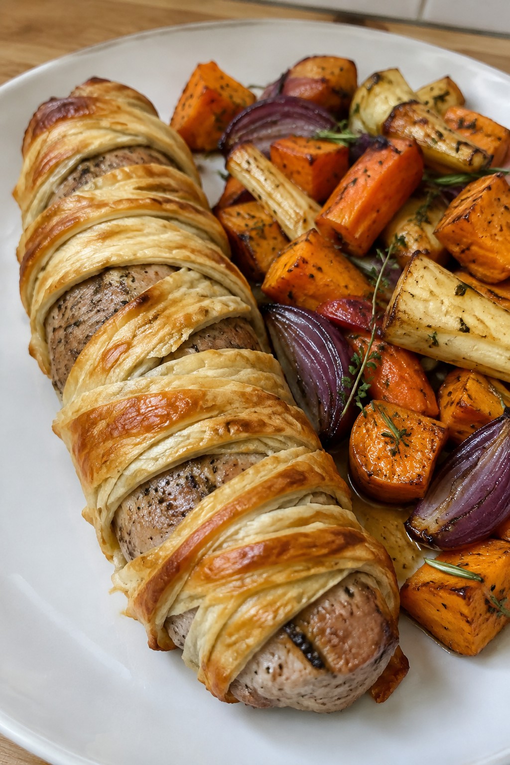 Mummy-Wrapped Pork Tenderloin with Roasted Root Vegetables