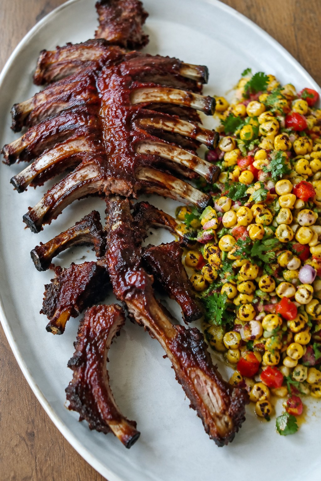 Skeleton Bone-In BBQ Ribs with Charred Corn Salad