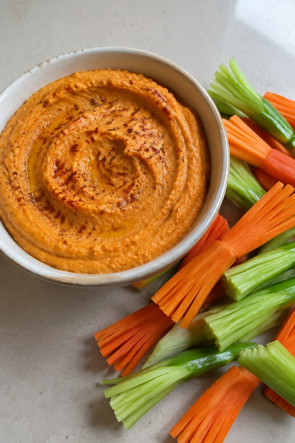 Pumpkin Hummus with Carrot and Celery Broomsticks