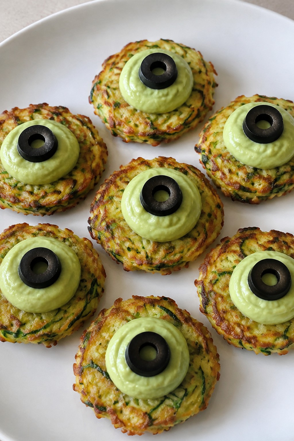 Zucchini Fritter Eyeballs with Avocado Cream