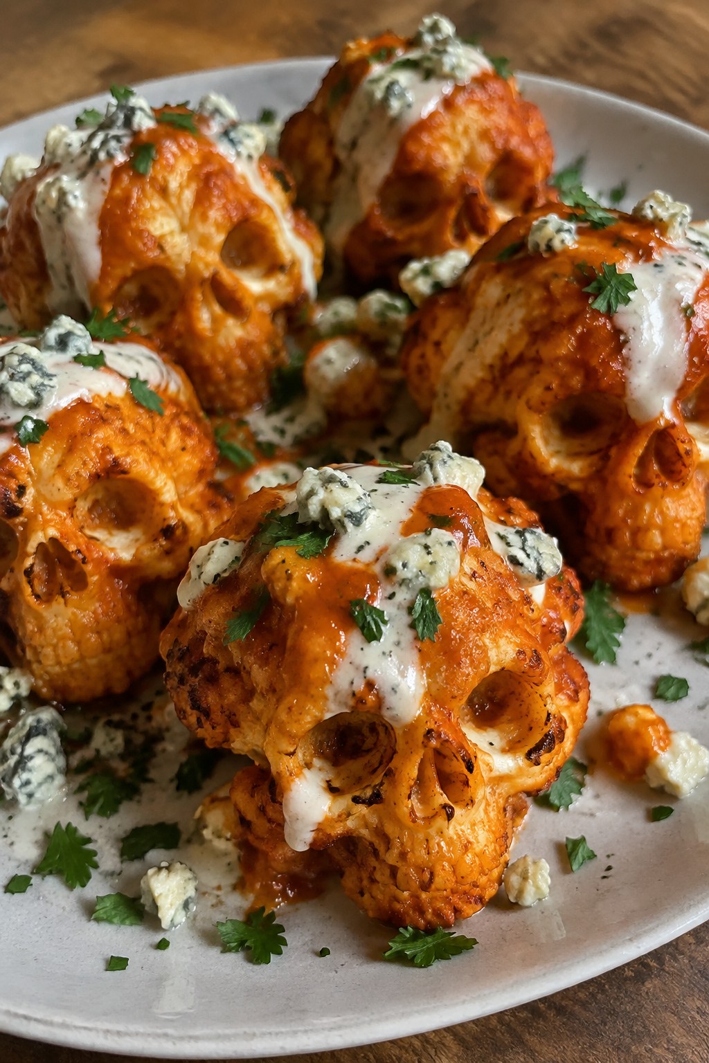 Buffalo Cauliflower Skulls with Blue Cheese Drizzle