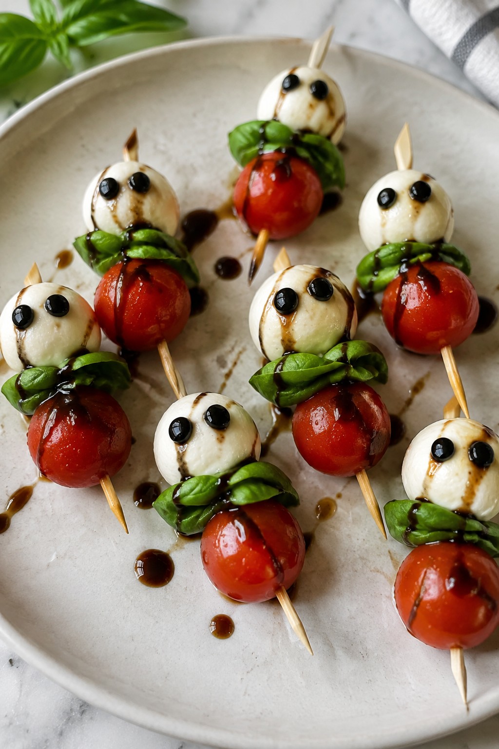 Caprese Ghost Skewers with Balsamic Drizzle