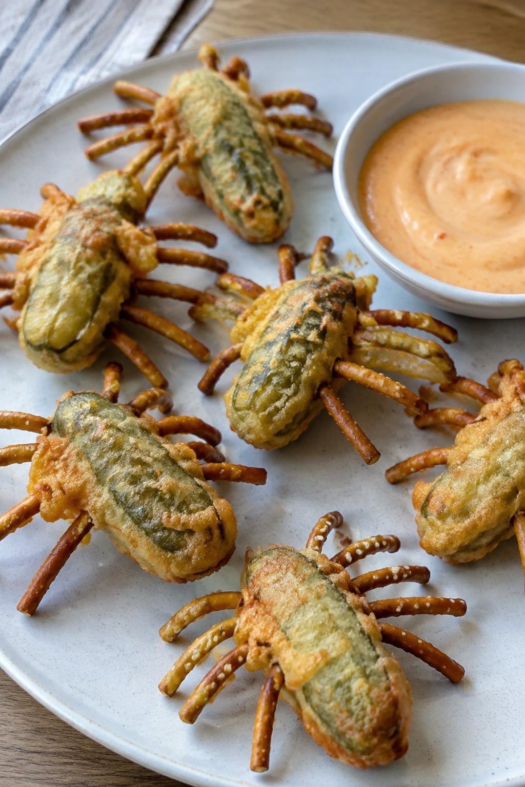 Crispy Fried Pickle Spiders with Sriracha Mayo