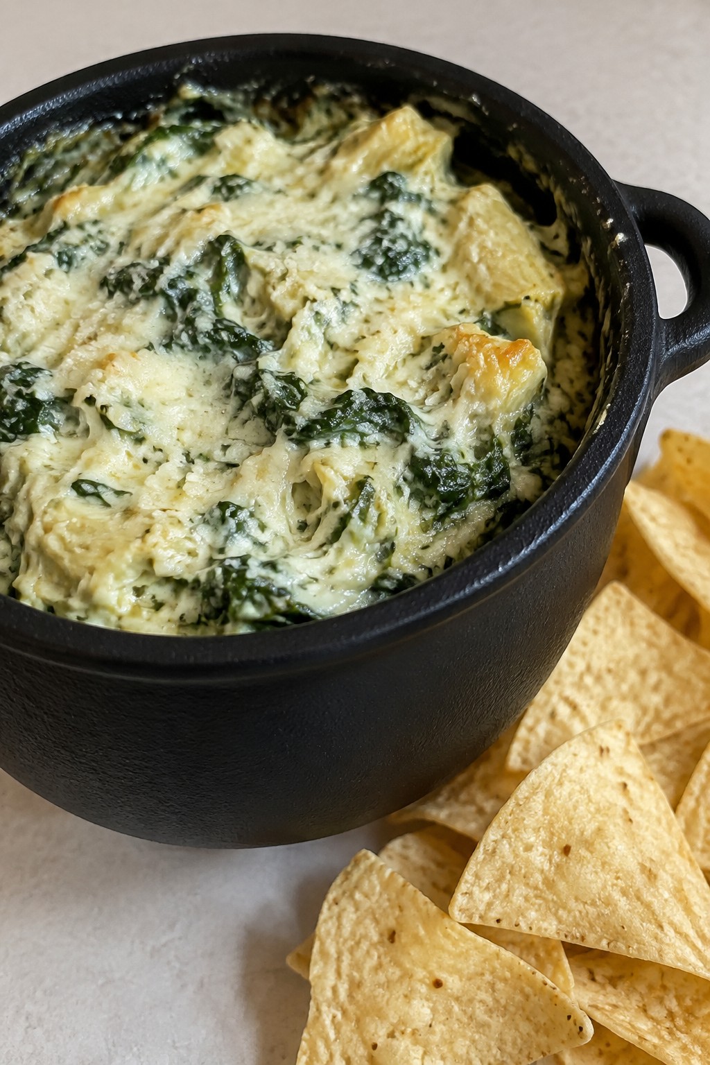 Spinach Artichoke Cauldron Dip with Tortilla Chips
