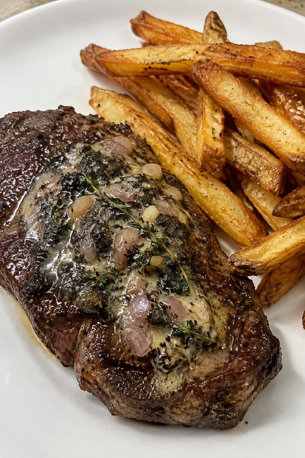 Black Garlic Steak Frites with Red Wine Shallot Butter
