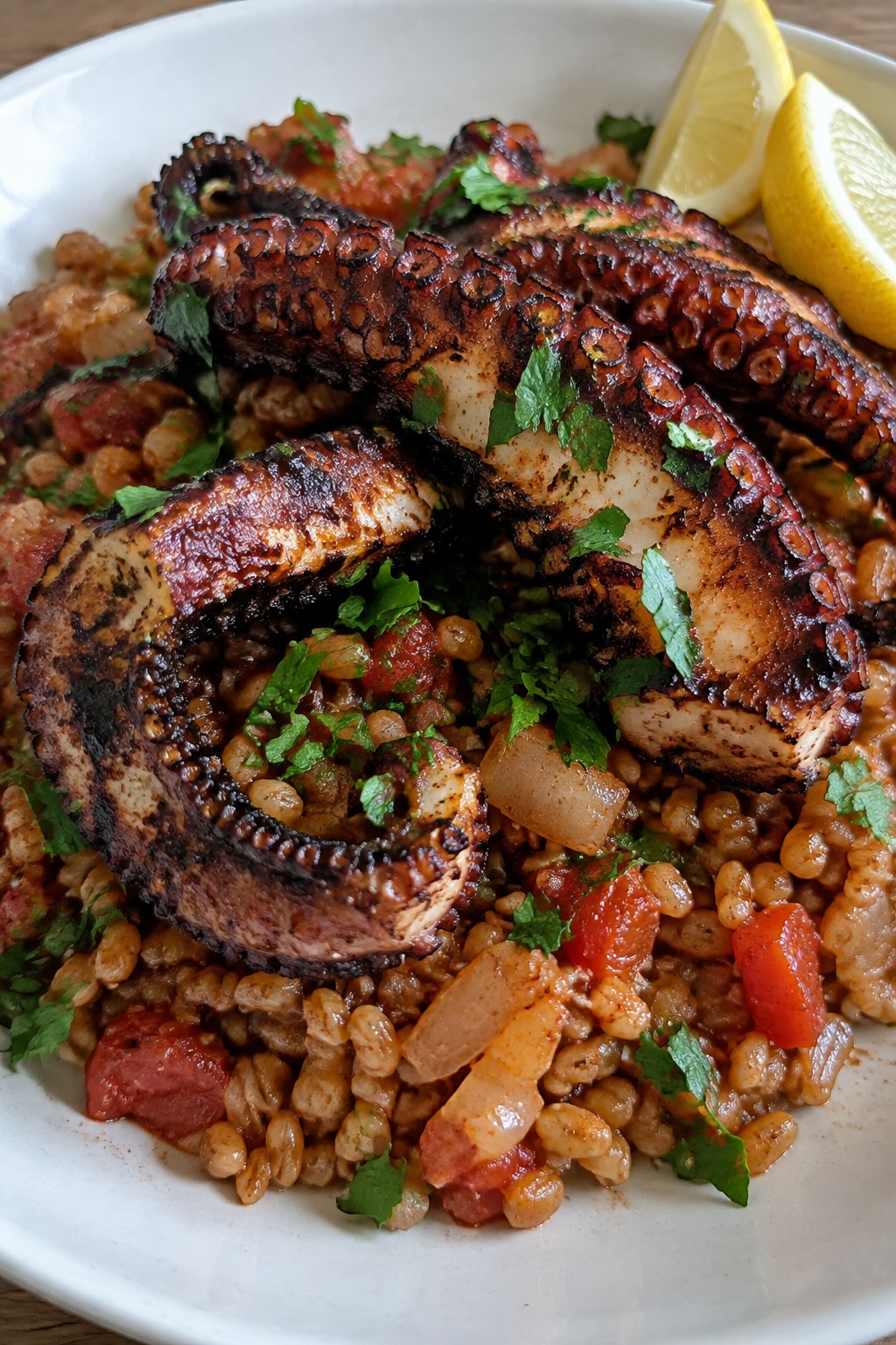 Charred Octopus Tentacles over Smoky Tomato Farro