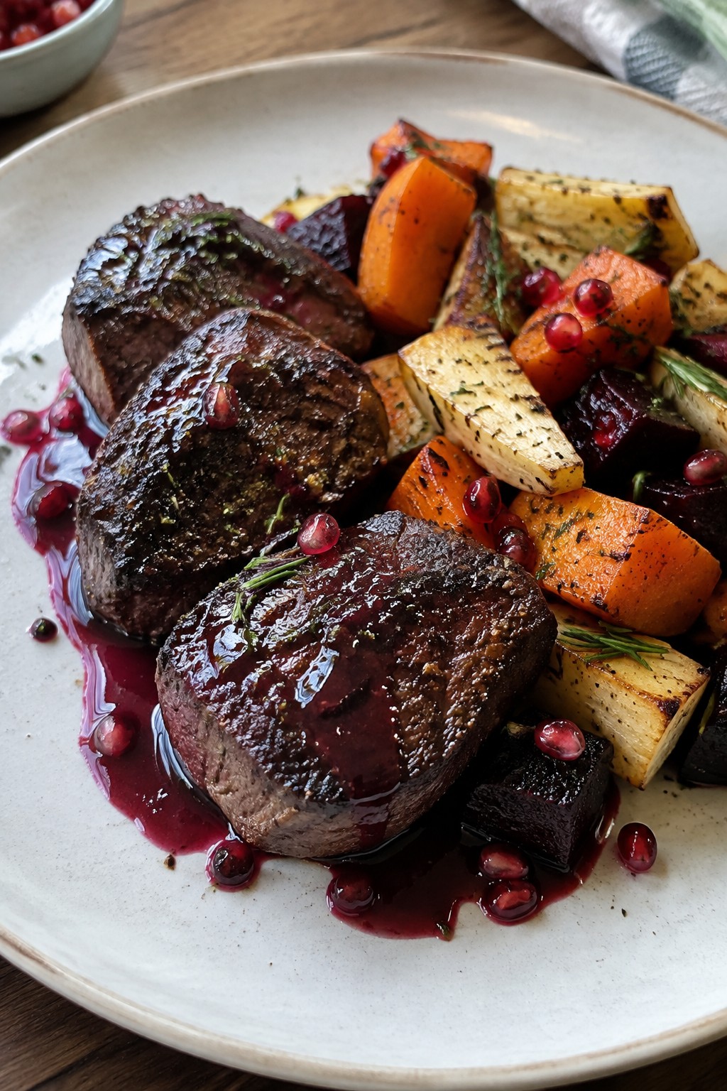 Seared Venison Medallions with Pomegranate Reduction and Root Vegetables