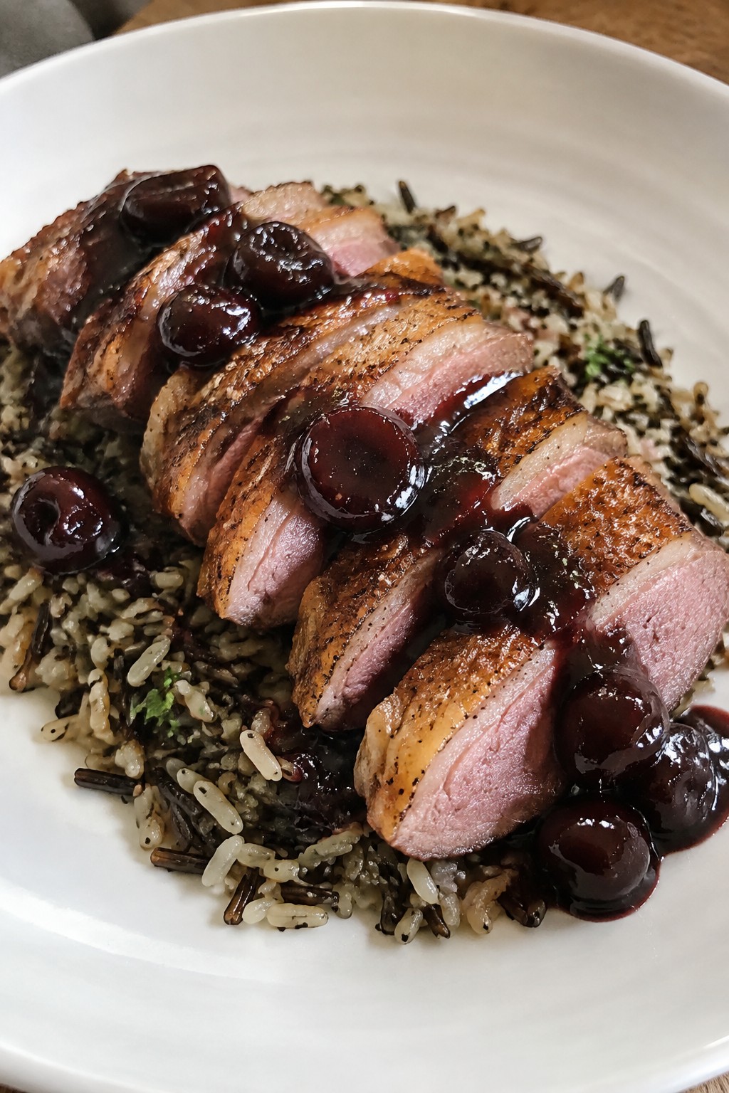 Smoked Duck Breast with Black Cherry Port Sauce and Wild Rice