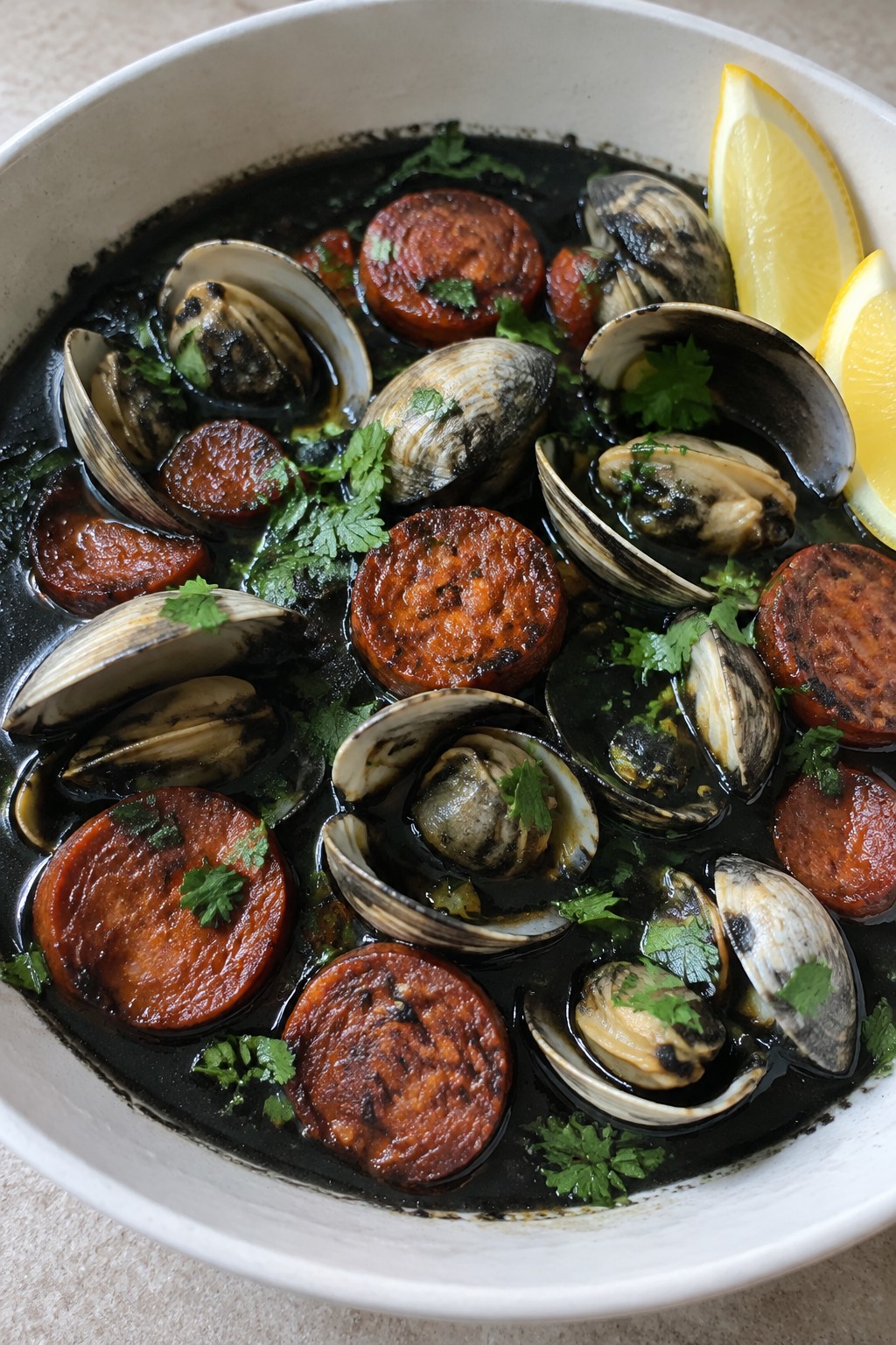 Spicy Chorizo and Clam Stew in Squid Ink Broth
