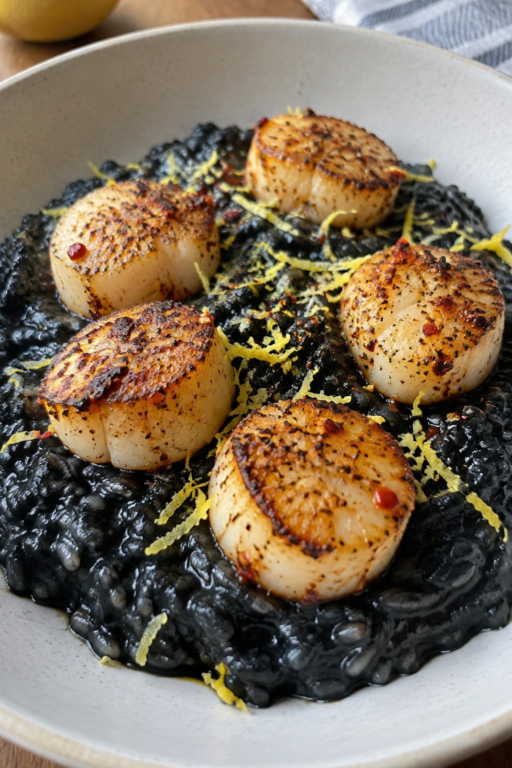 Squid Ink Risotto with Chili-Crusted Scallops and Lemon Zest